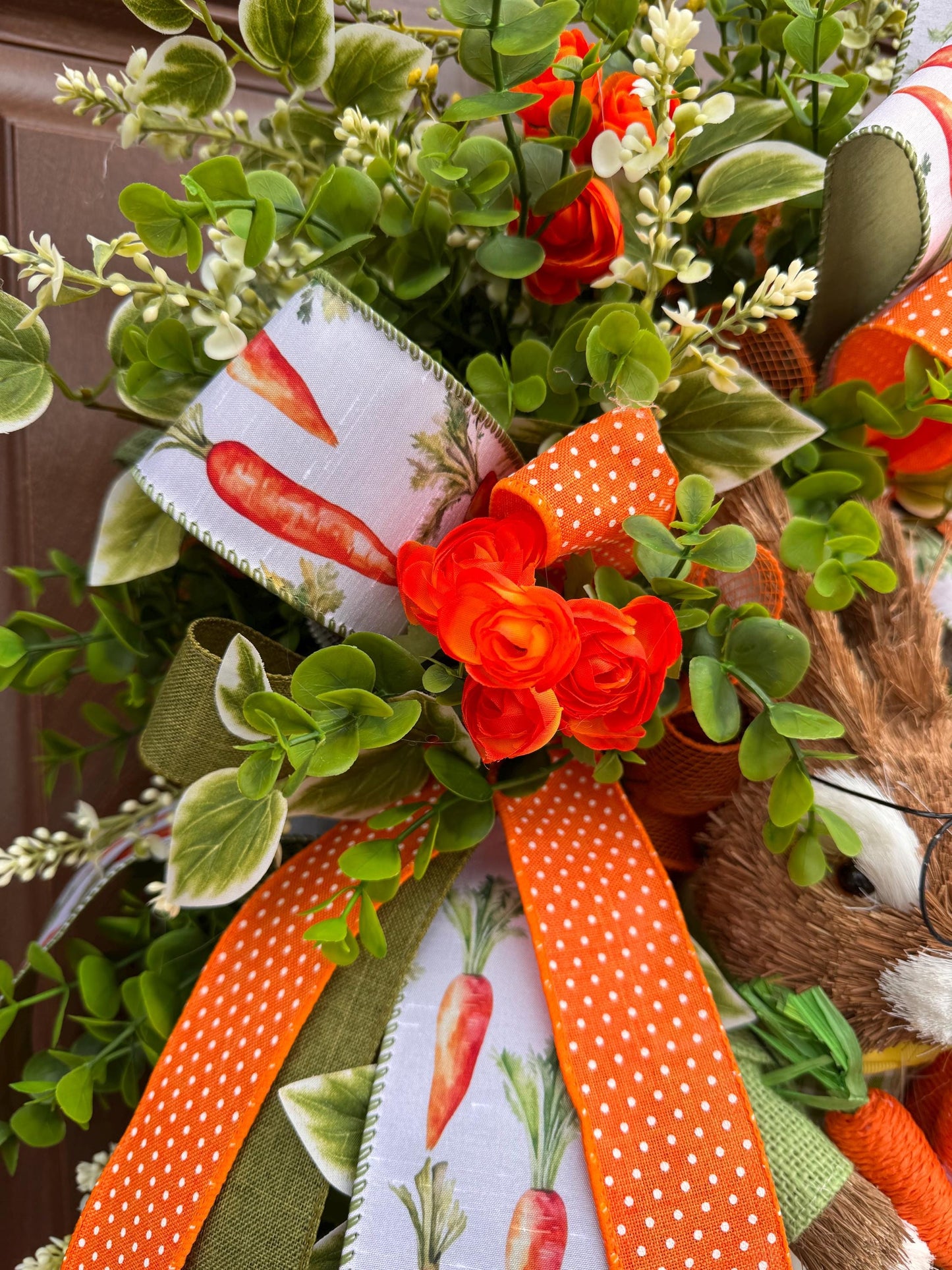 Whimsical Bunny Carrot Spring Wreath, Easter Front Door Decor, Handmade Spring Wreath with Bunny, Greenery & Carrot Ribbon
