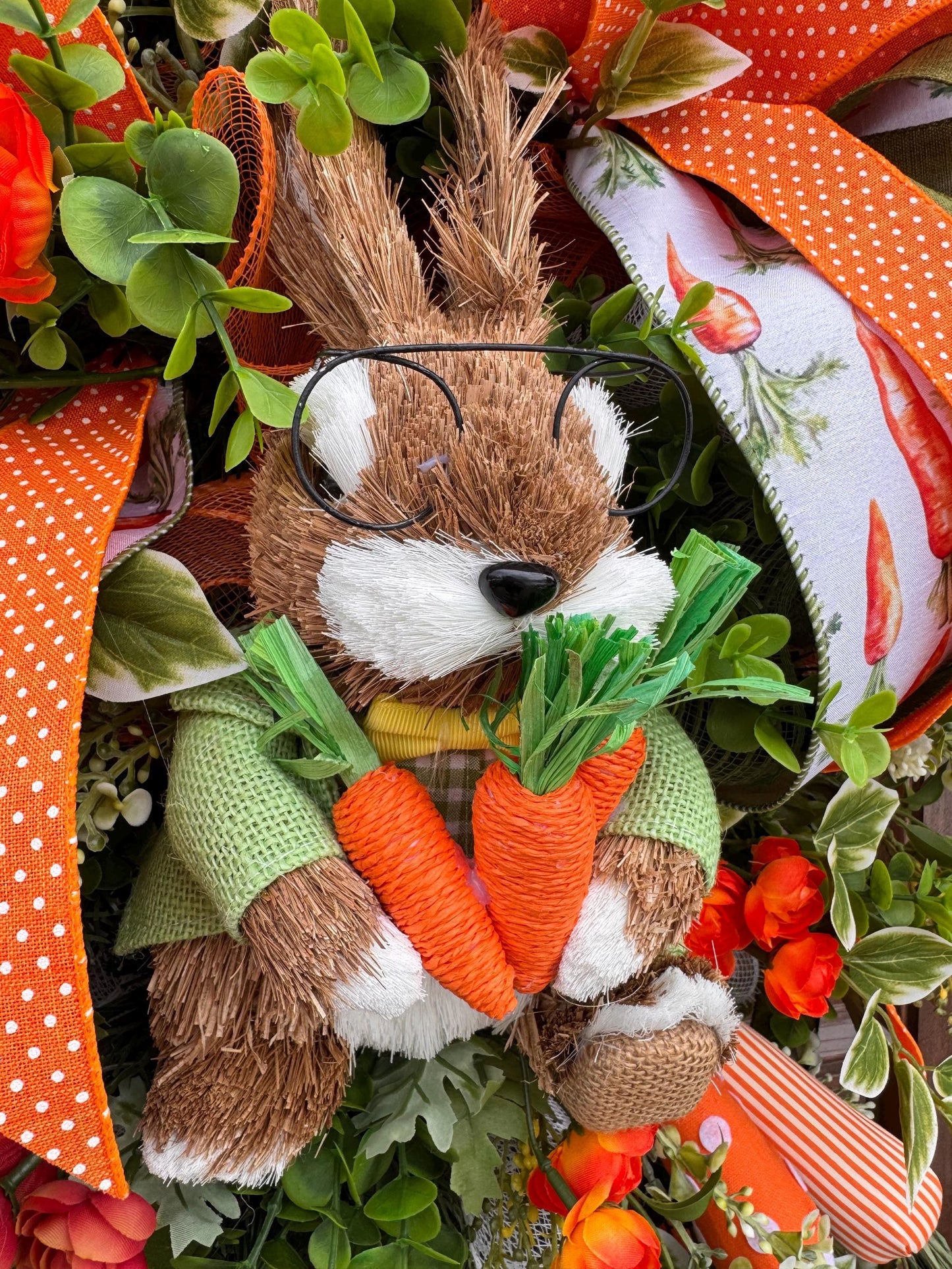 Whimsical Bunny Carrot Spring Wreath, Easter Front Door Decor, Handmade Spring Wreath with Bunny, Greenery & Carrot Ribbon