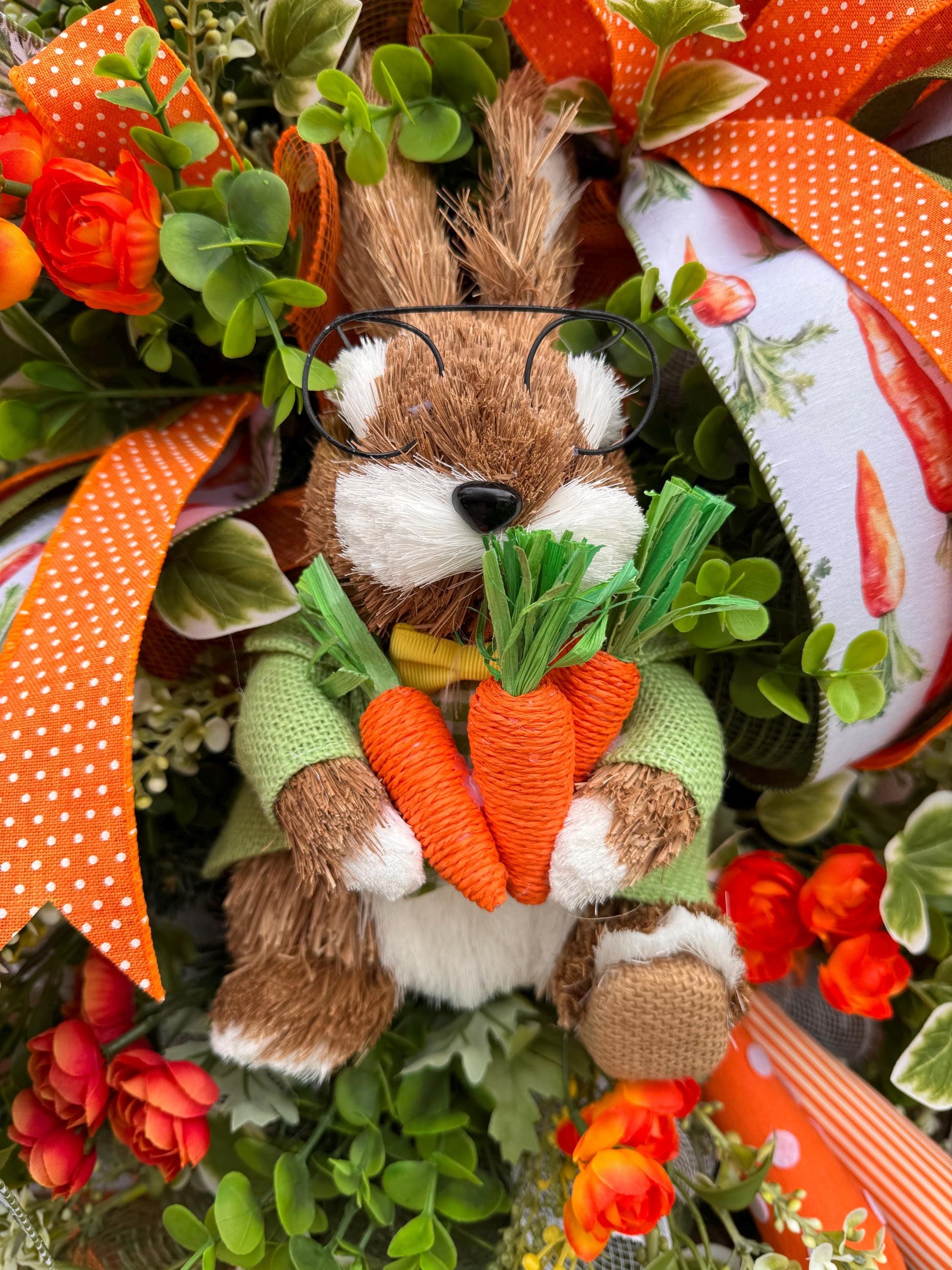 Whimsical Bunny Carrot Spring Wreath, Easter Front Door Decor, Handmade Spring Wreath with Bunny, Greenery & Carrot Ribbon