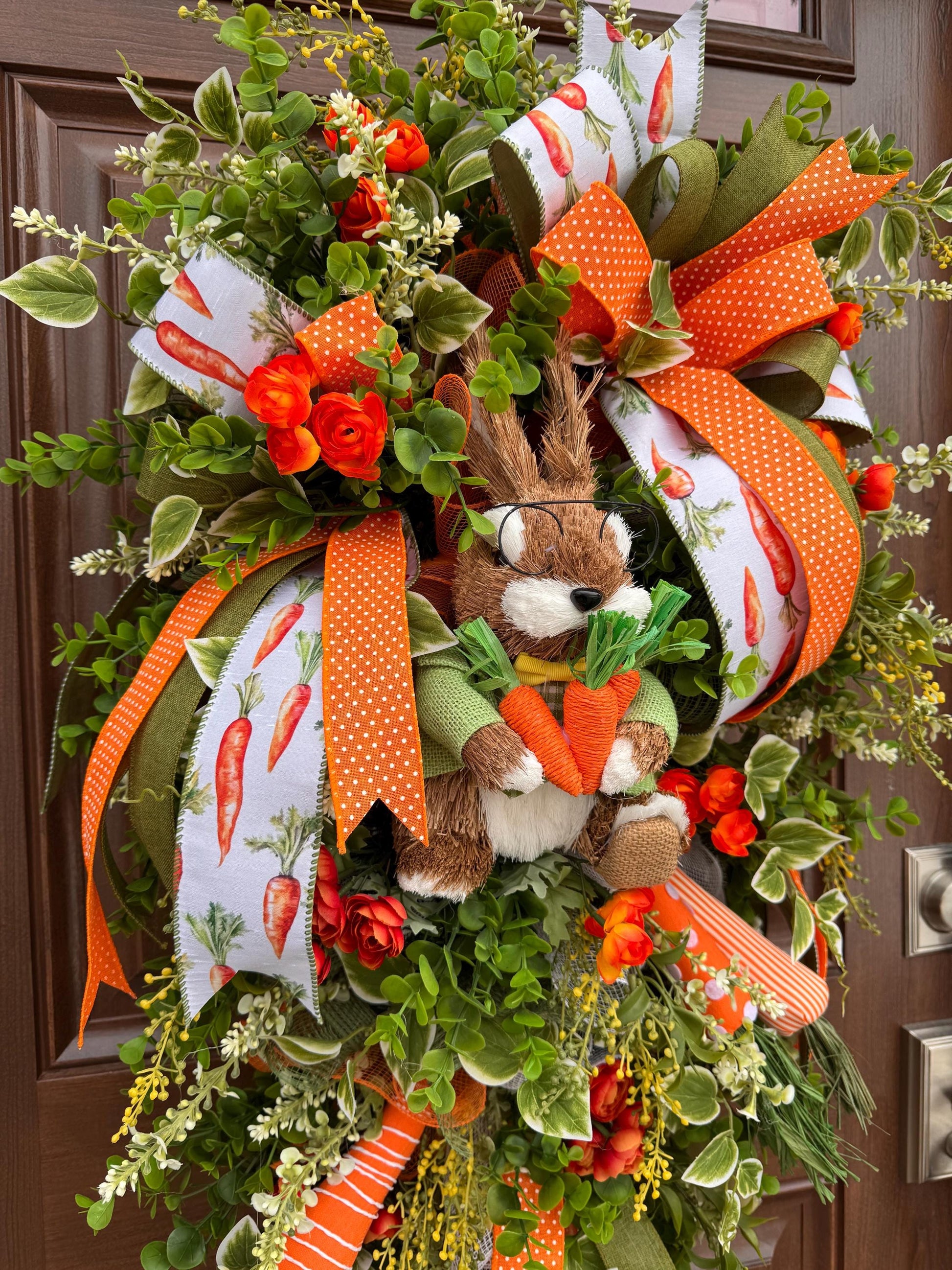 Whimsical Bunny Carrot Spring Wreath, Easter Front Door Decor, Handmade Spring Wreath with Bunny, Greenery & Carrot Ribbon