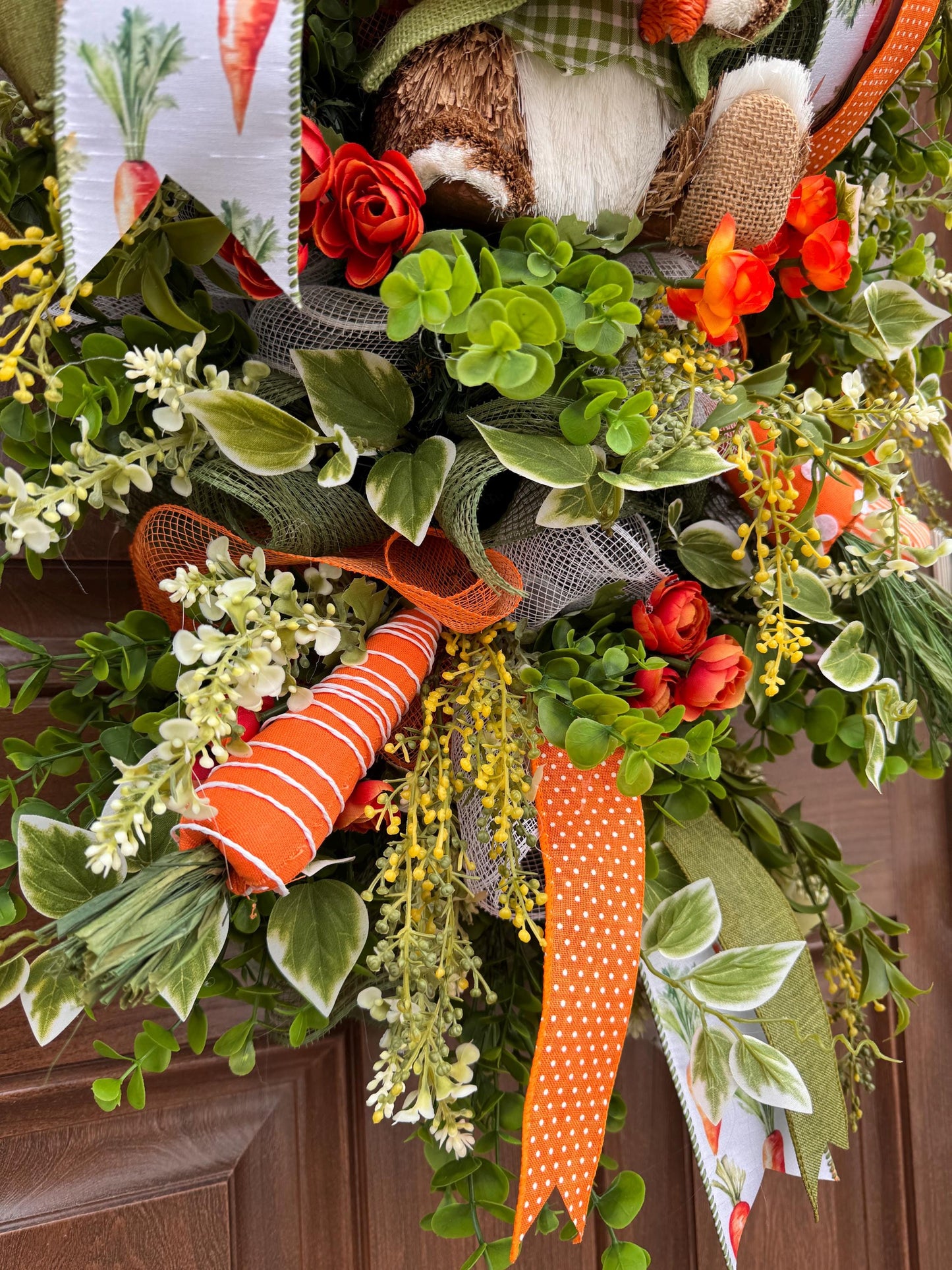 Whimsical Bunny Carrot Spring Wreath, Easter Front Door Decor, Handmade Spring Wreath with Bunny, Greenery & Carrot Ribbon