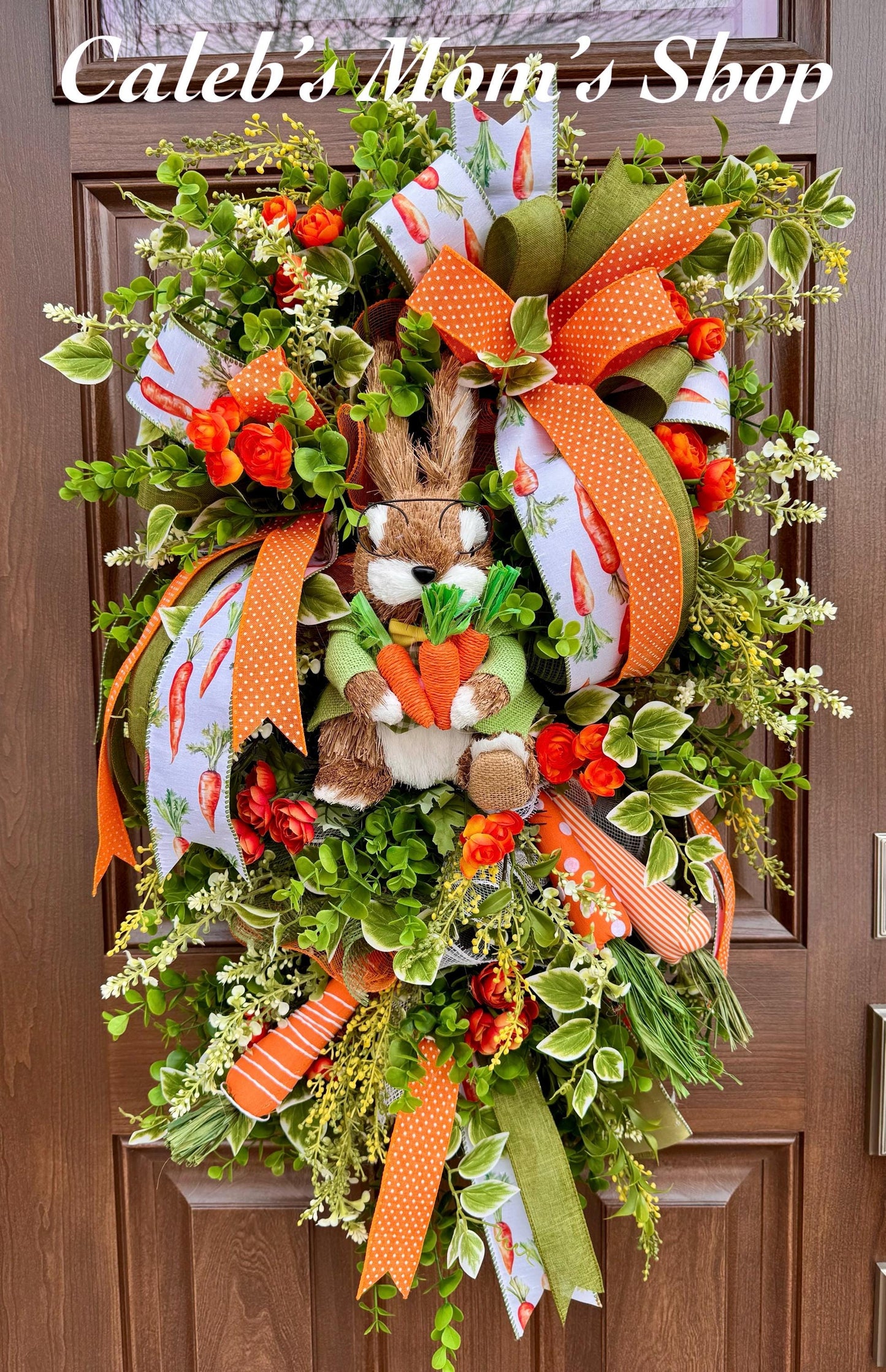 Whimsical Bunny Carrot Spring Wreath, Easter Front Door Decor, Handmade Spring Wreath with Bunny, Greenery & Carrot Ribbon