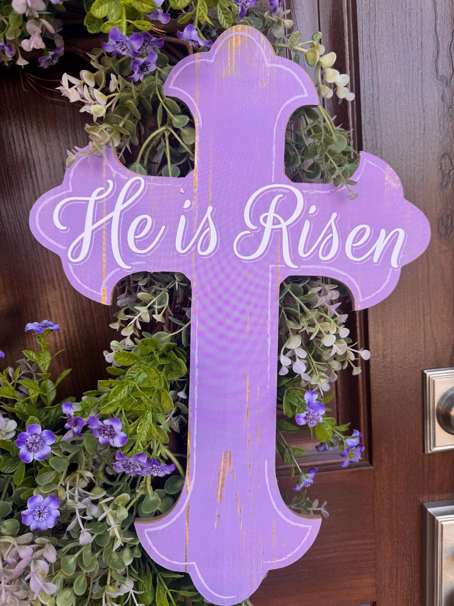 He Is Risen Easter Wreath, Purple Cross Spring Wreath, Christian Front Door Decor, Religious Hanger, Faith Based Spring Accent