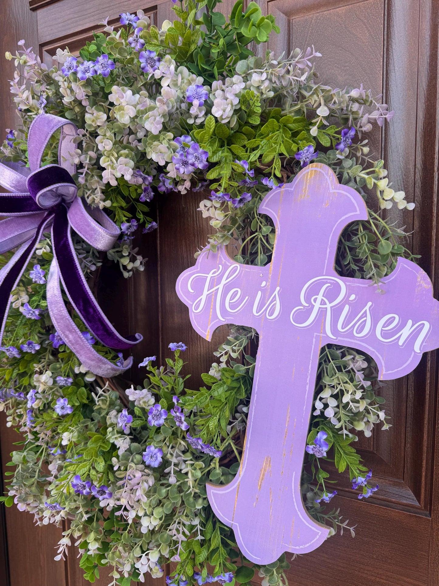 He Is Risen Easter Wreath, Purple Cross Spring Wreath, Christian Front Door Decor, Religious Hanger, Faith Based Spring Accent