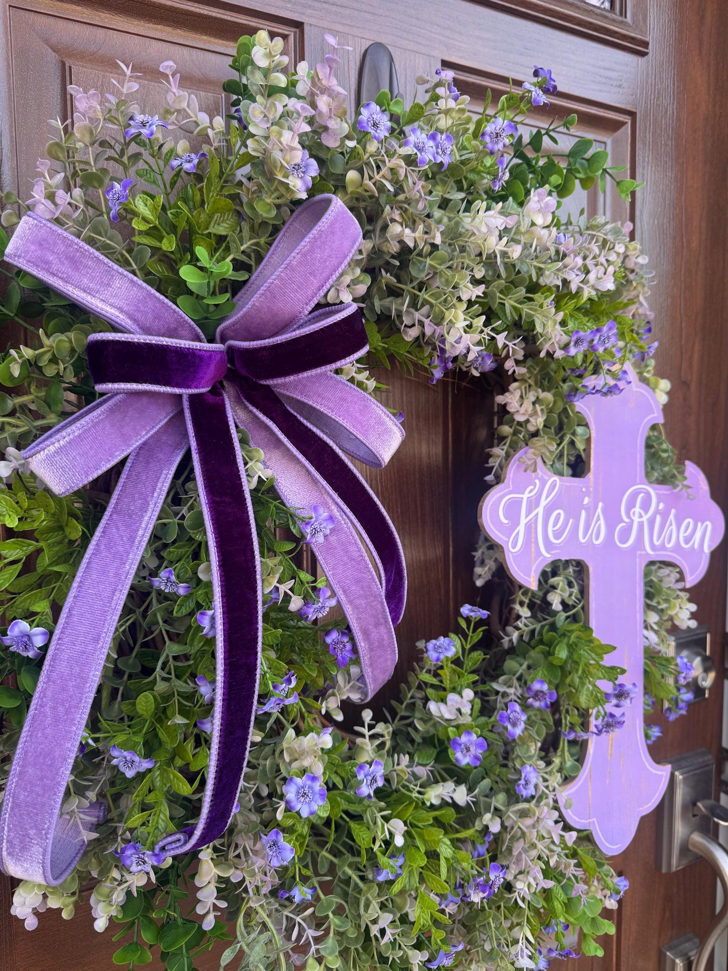 He Is Risen Easter Wreath, Purple Cross Spring Wreath, Christian Front Door Decor, Religious Hanger, Faith Based Spring Accent