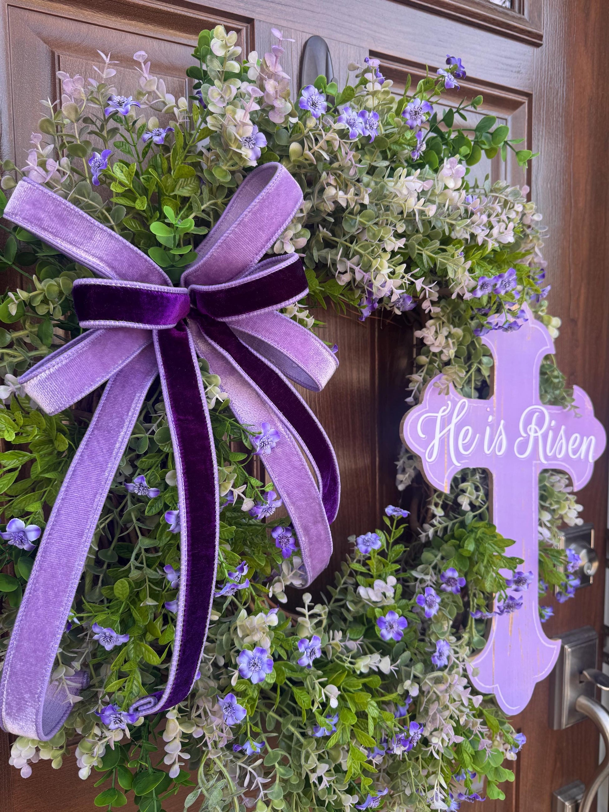 He Is Risen Easter Wreath, Purple Cross Spring Wreath, Christian Front Door Decor, Religious Hanger, Faith Based Spring Accent