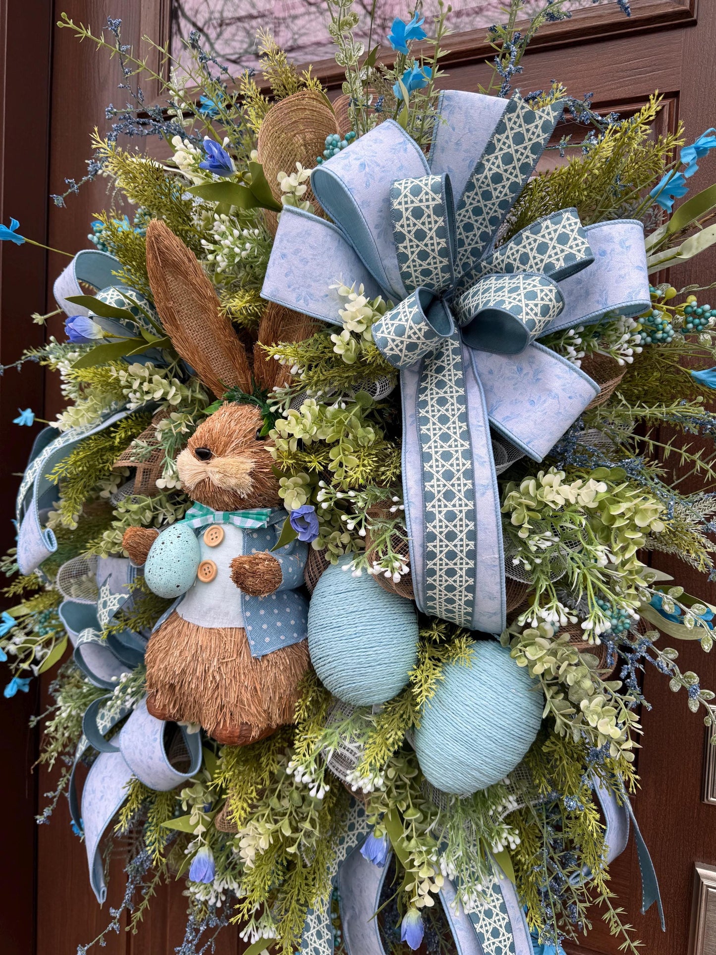 Blue Easter Bunny Wreath, Spring Floral Home Decor for Outdoor Porch or Indoor Office Wall Hanging