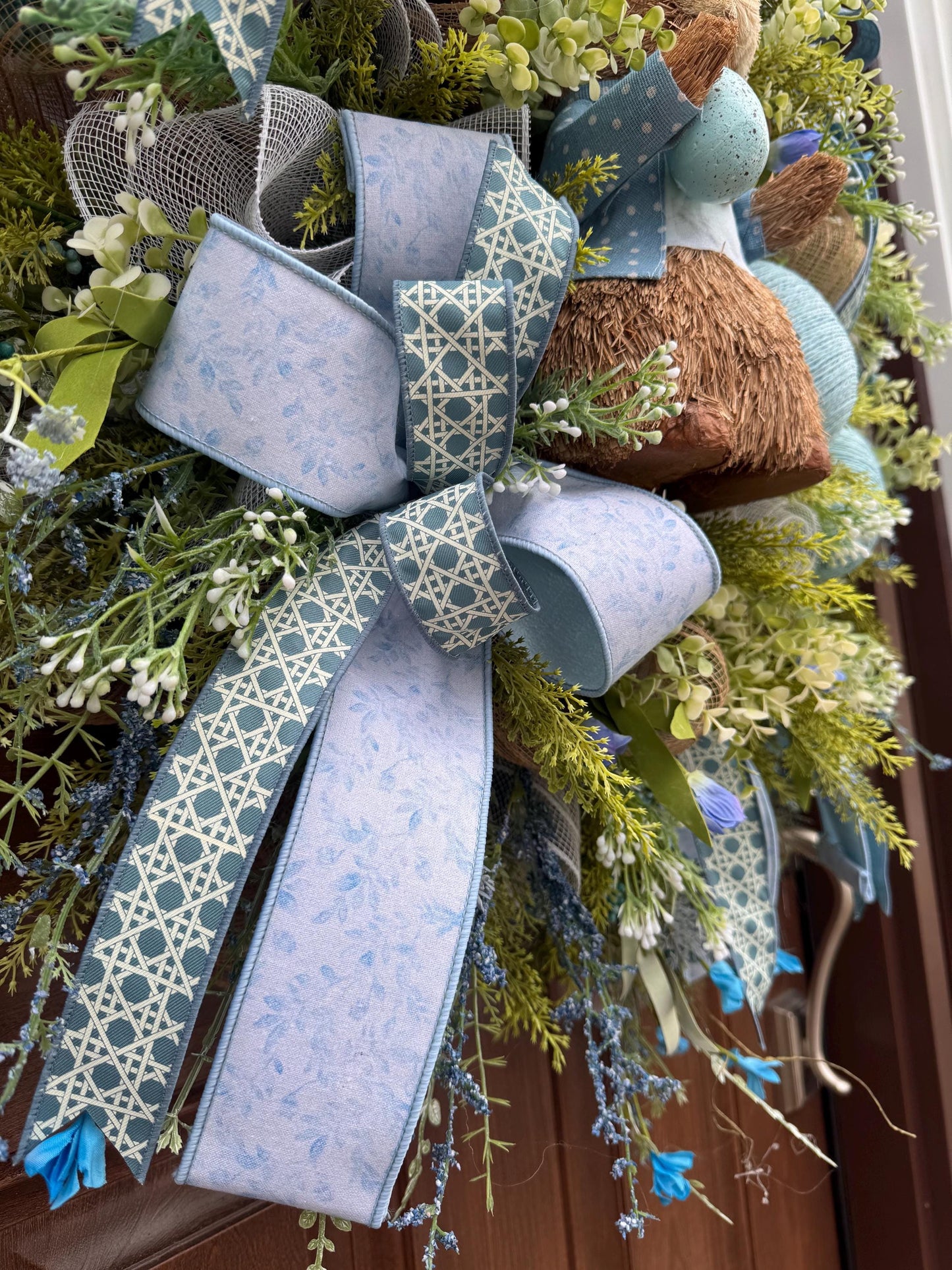 Blue Easter Bunny Wreath, Spring Floral Home Decor for Outdoor Porch or Indoor Office Wall Hanging