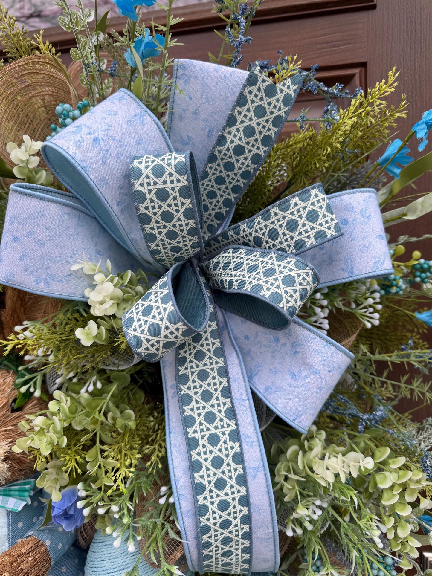 Blue Easter Bunny Wreath, Spring Floral Home Decor for Outdoor Porch or Indoor Office Wall Hanging