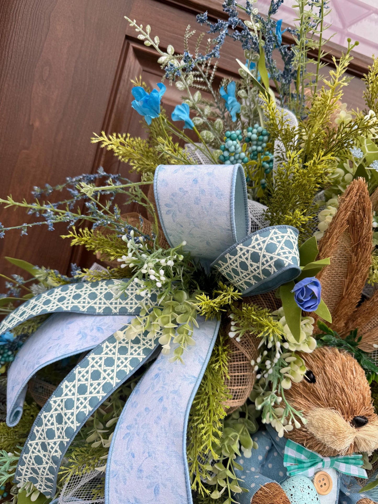 Blue Easter Bunny Wreath, Spring Floral Home Decor for Outdoor Porch or Indoor Office Wall Hanging