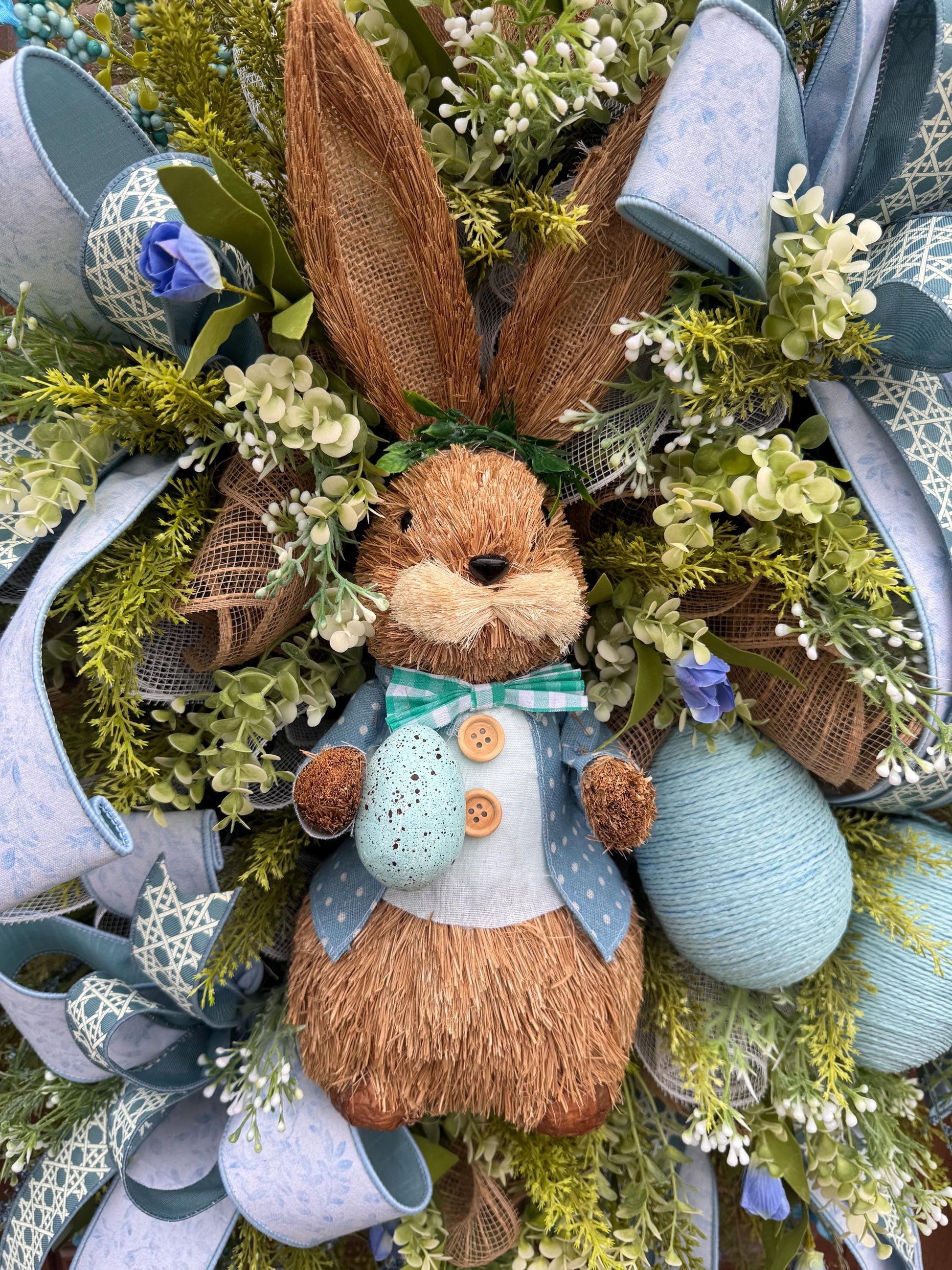 Blue Easter Bunny Wreath, Spring Floral Home Decor for Outdoor Porch or Indoor Office Wall Hanging