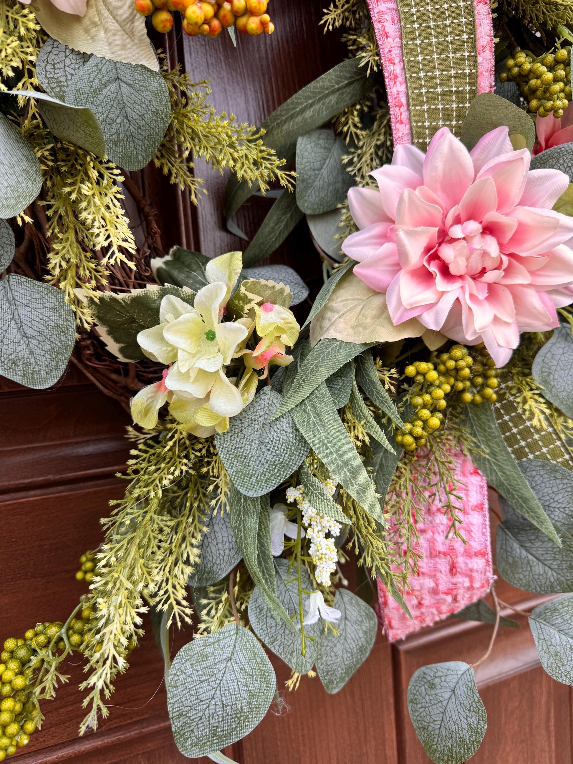 Pink Spring Grapevine Wreath with Greenery, Floral Front Door Wreath