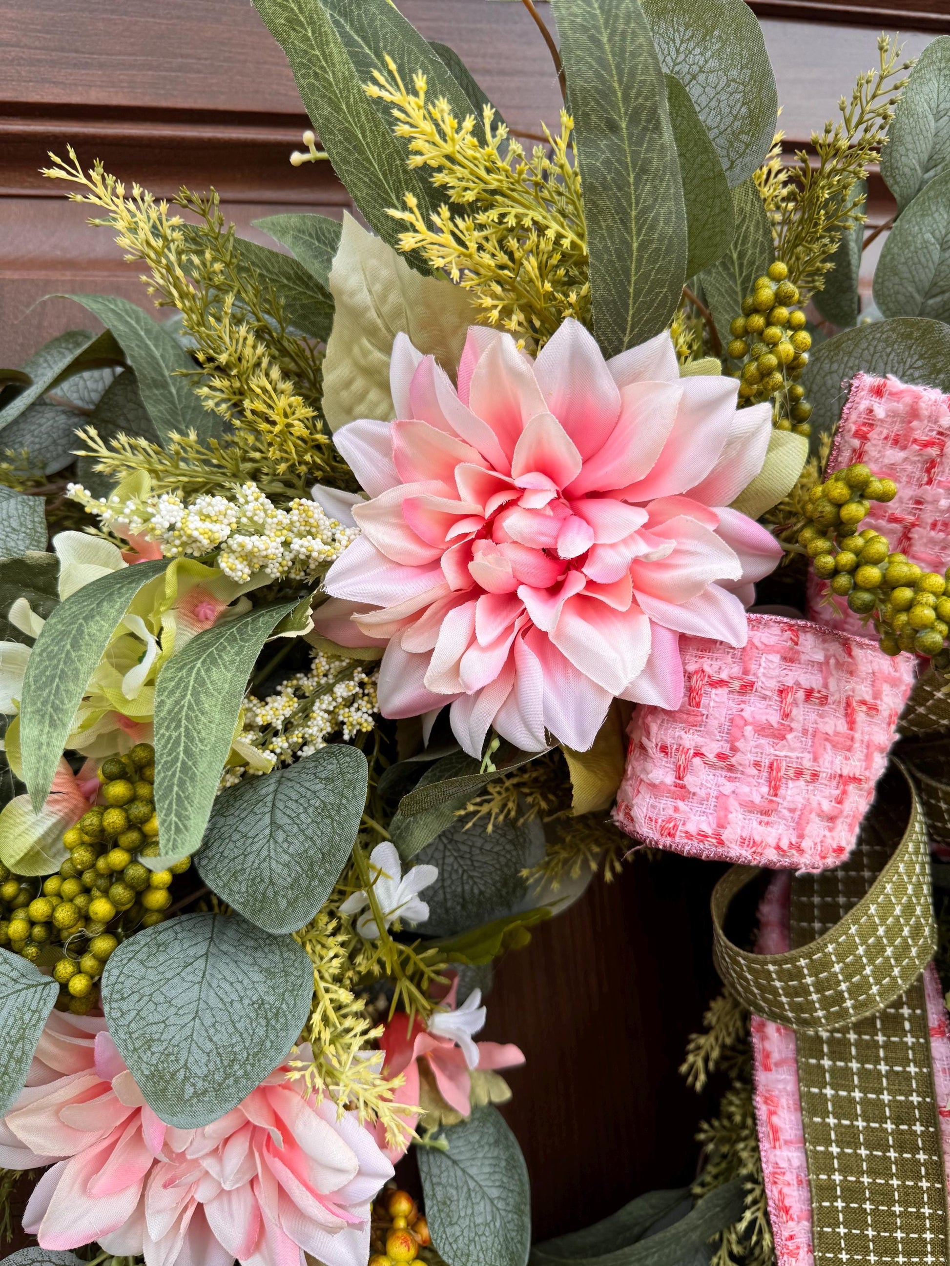 Pink Spring Grapevine Wreath with Greenery, Floral Front Door Wreath