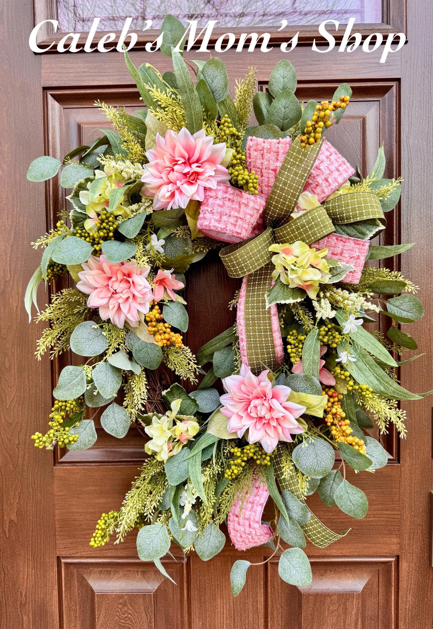 Pink Spring Grapevine Wreath with Greenery, Floral Front Door Wreath