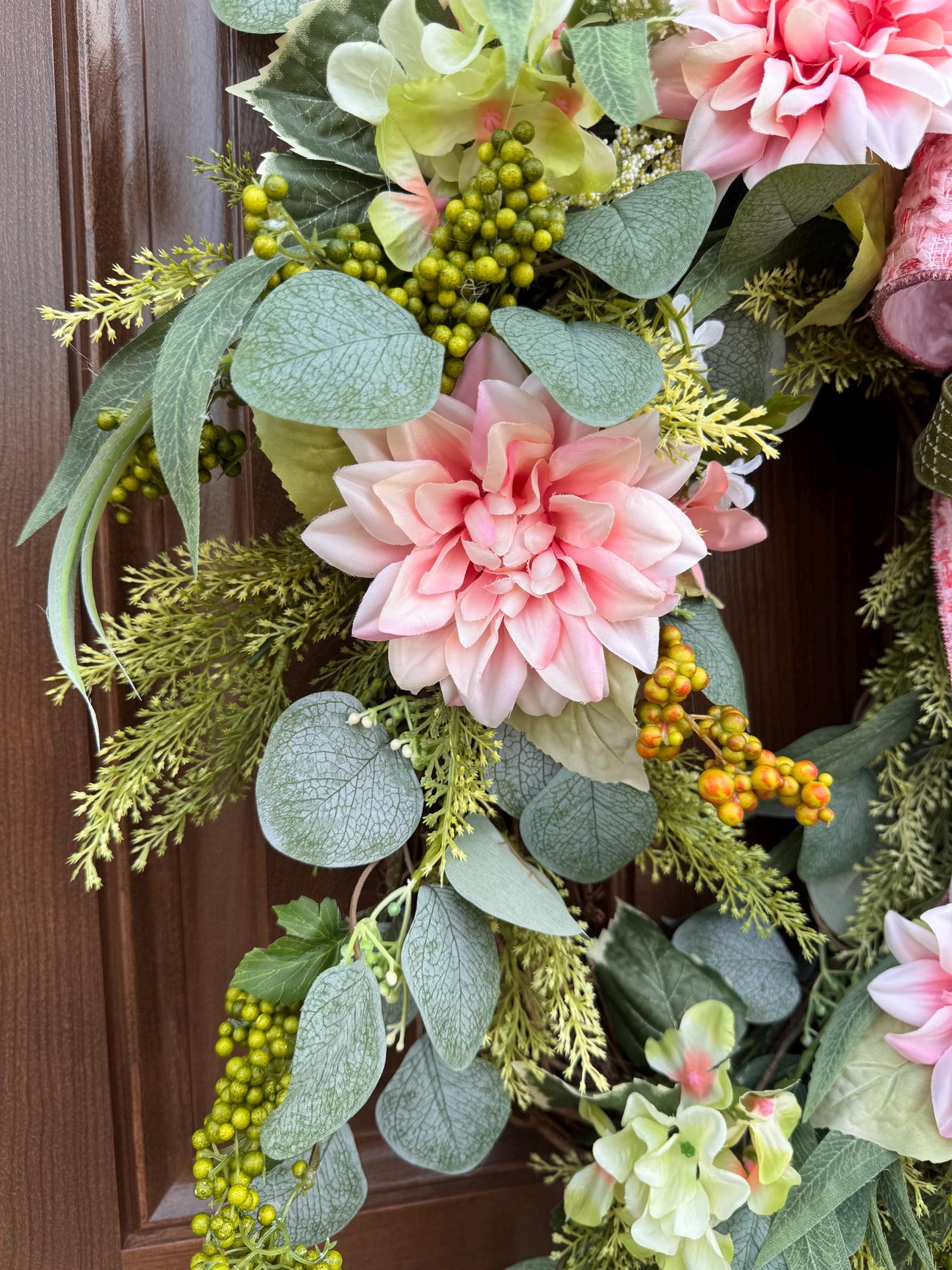 Pink Spring Grapevine Wreath with Greenery, Floral Front Door Wreath
