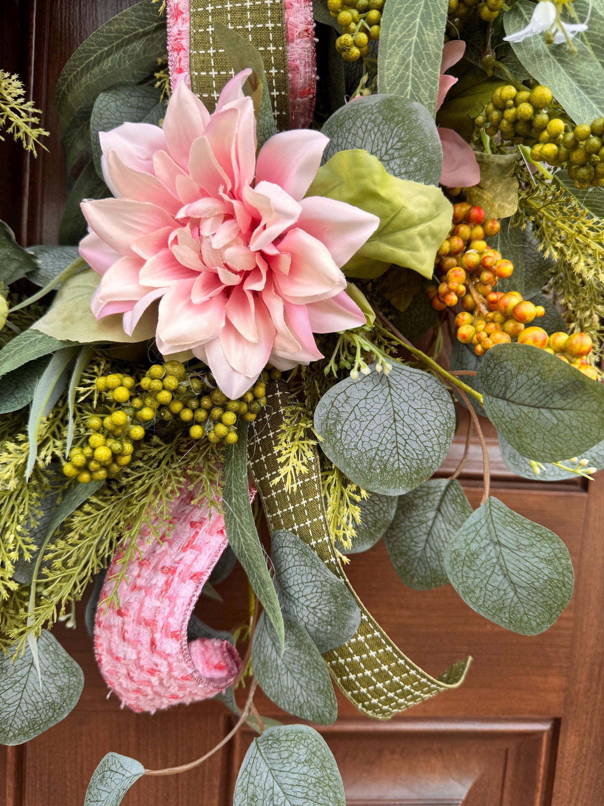 Pink Spring Grapevine Wreath with Greenery, Floral Front Door Wreath
