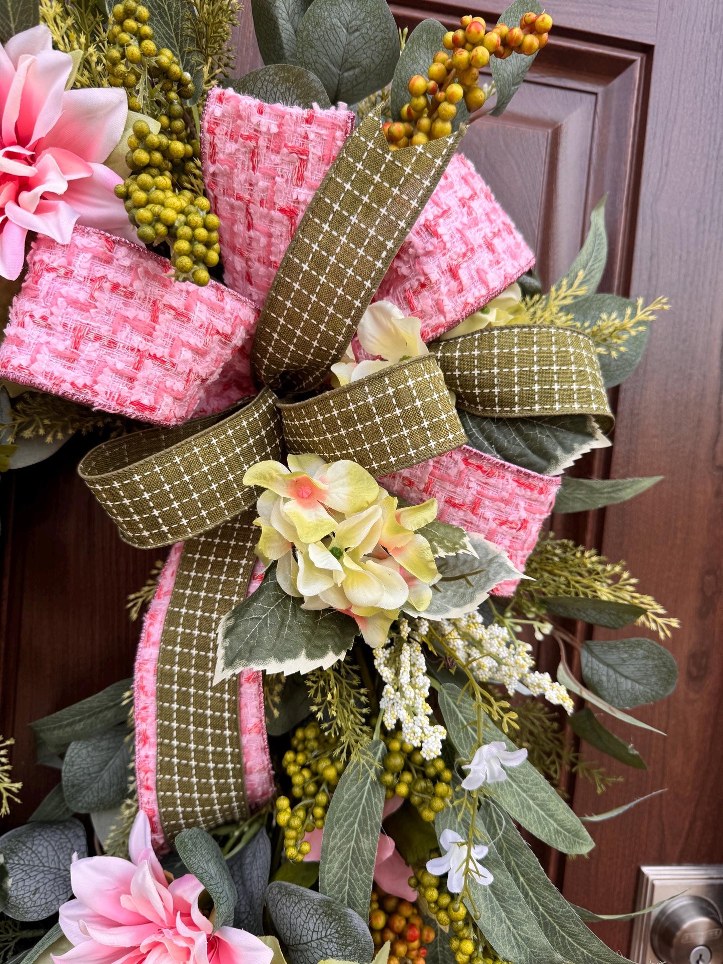 Pink Spring Grapevine Wreath with Greenery, Floral Front Door Wreath
