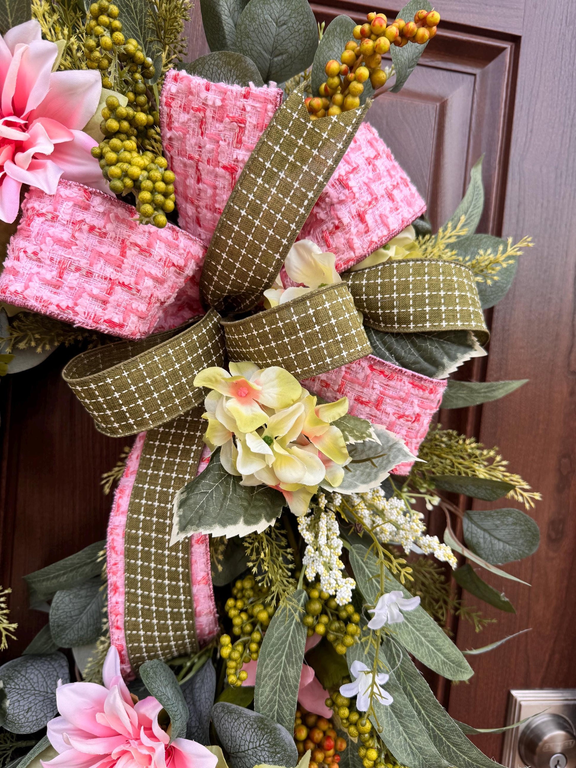 Pink Spring Grapevine Wreath with Greenery, Floral Front Door Wreath