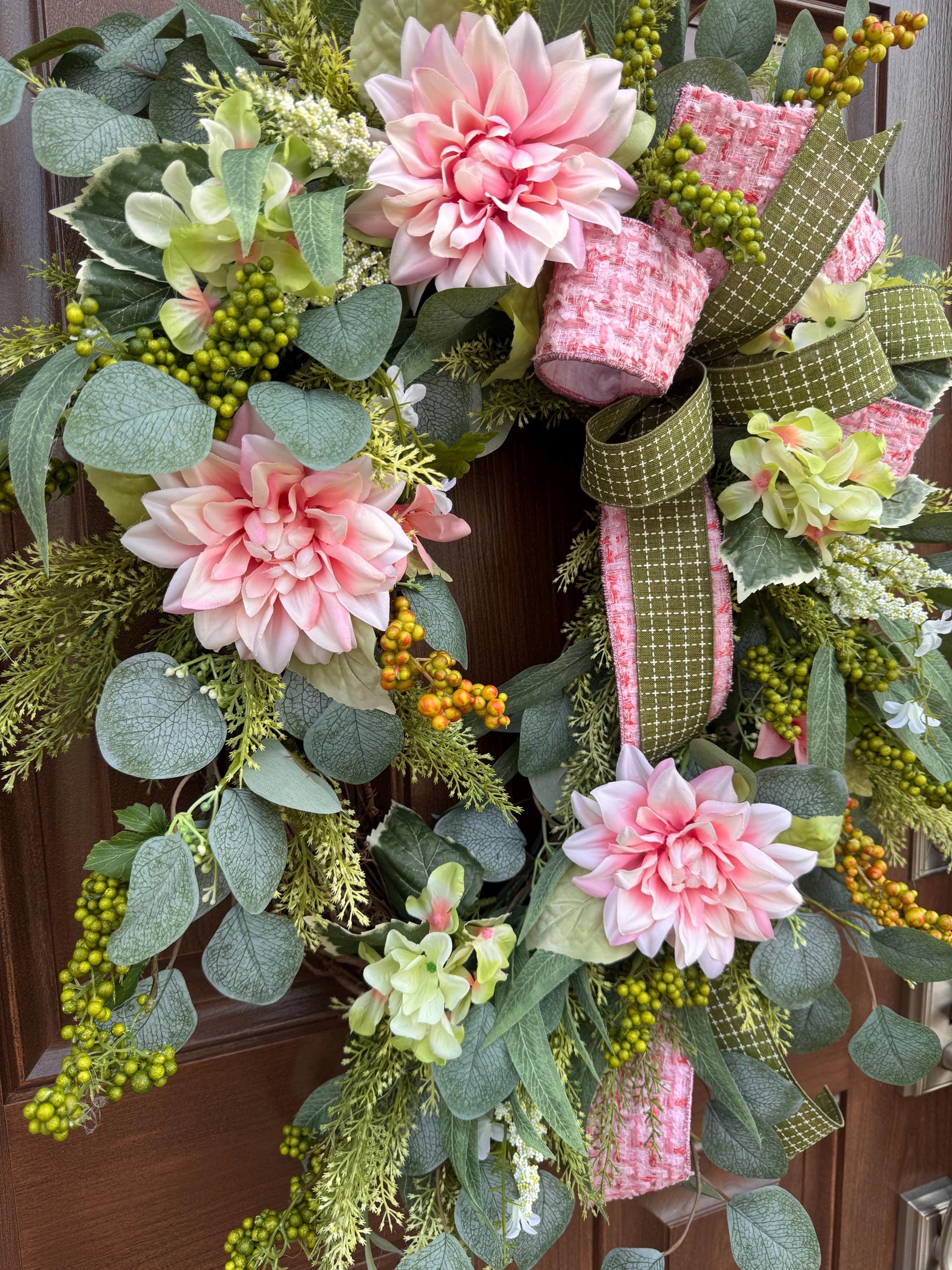 Pink Spring Grapevine Wreath with Greenery, Floral Front Door Wreath