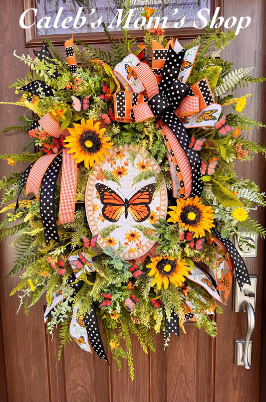 Monarch Butterfly Wreath, Spring Home Decor for Outdoor Porch, Floral Butterfly Decor, Everyday Wreath Birthday Gift for Her Mom