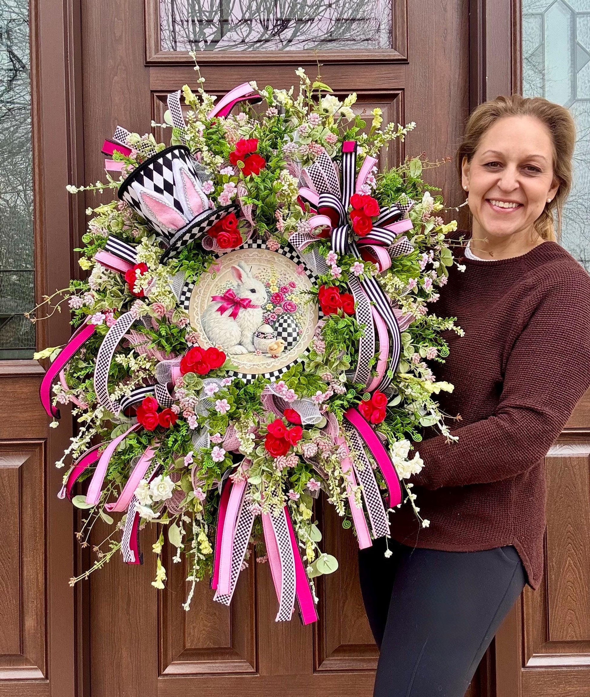 Whimsical Easter Bunny Wreath, Pink & Black Designer Spring Front Door Decor