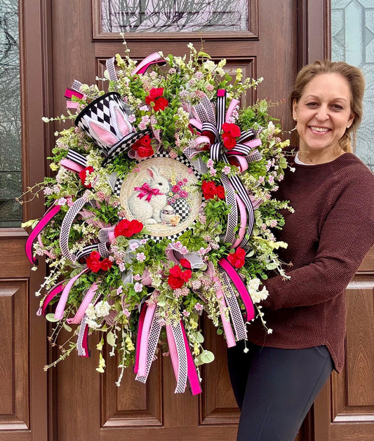 Whimsical Easter Bunny Wreath, Pink & Black Designer Spring Front Door Decor