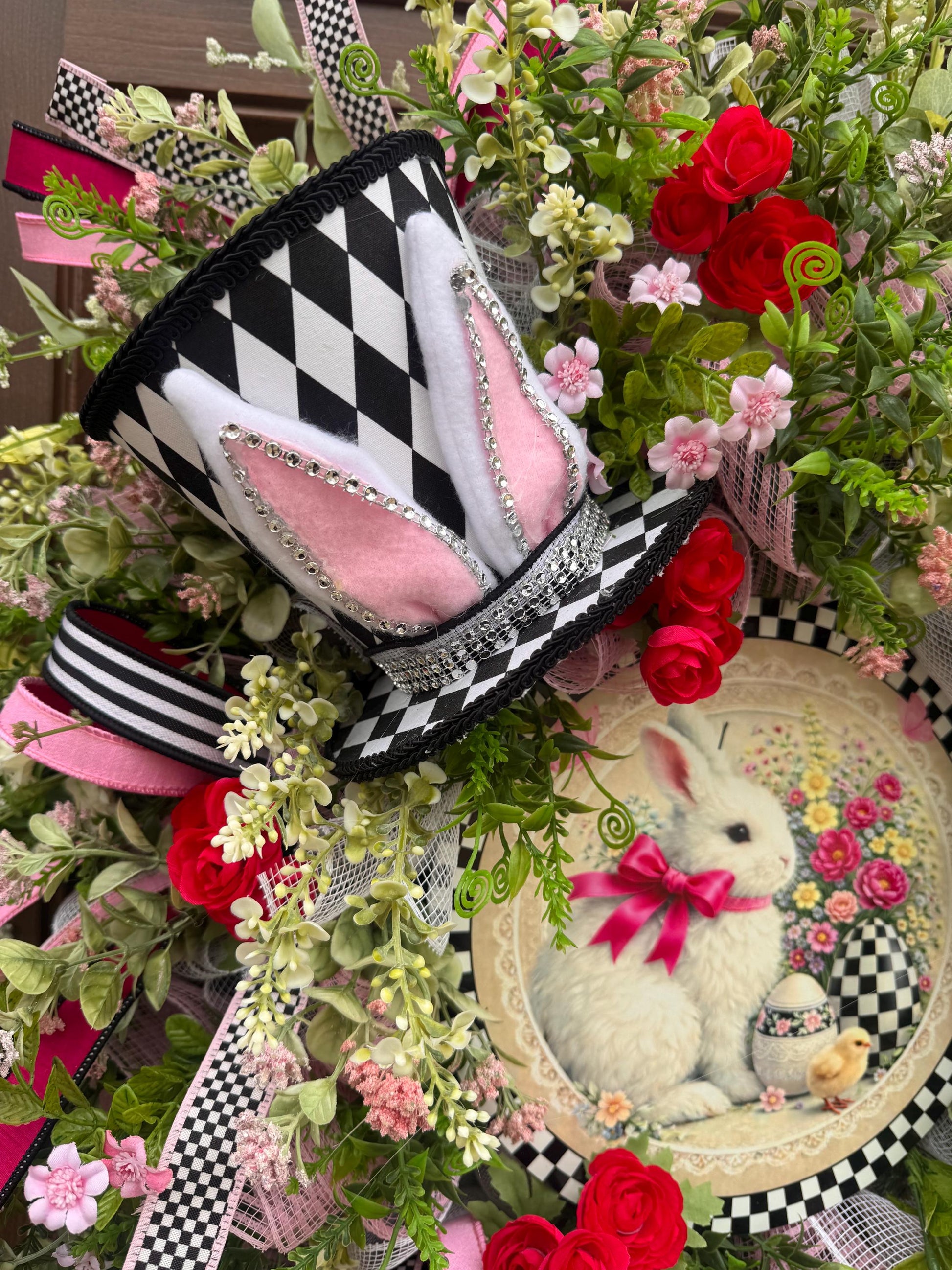 Whimsical Easter Bunny Wreath, Pink & Black Designer Spring Front Door Decor