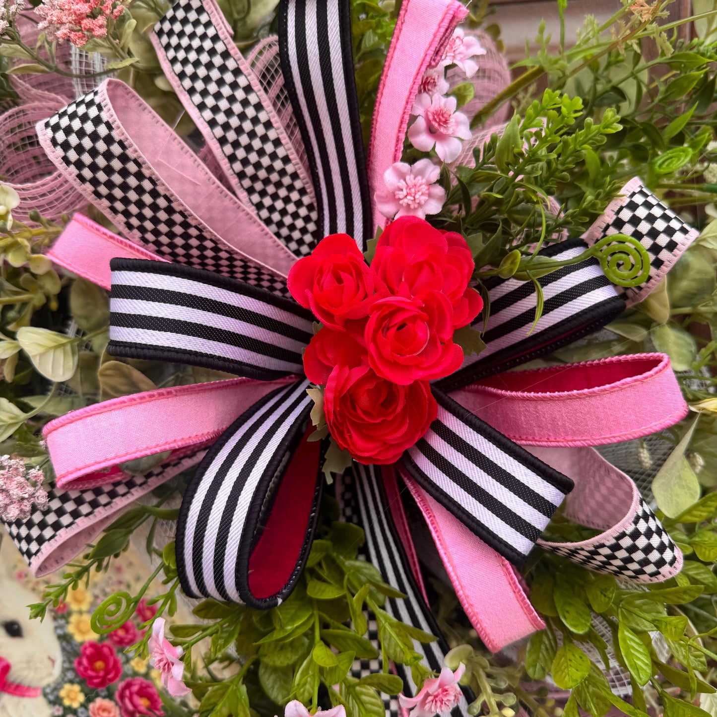 Whimsical Easter Bunny Wreath, Pink & Black Designer Spring Front Door Decor