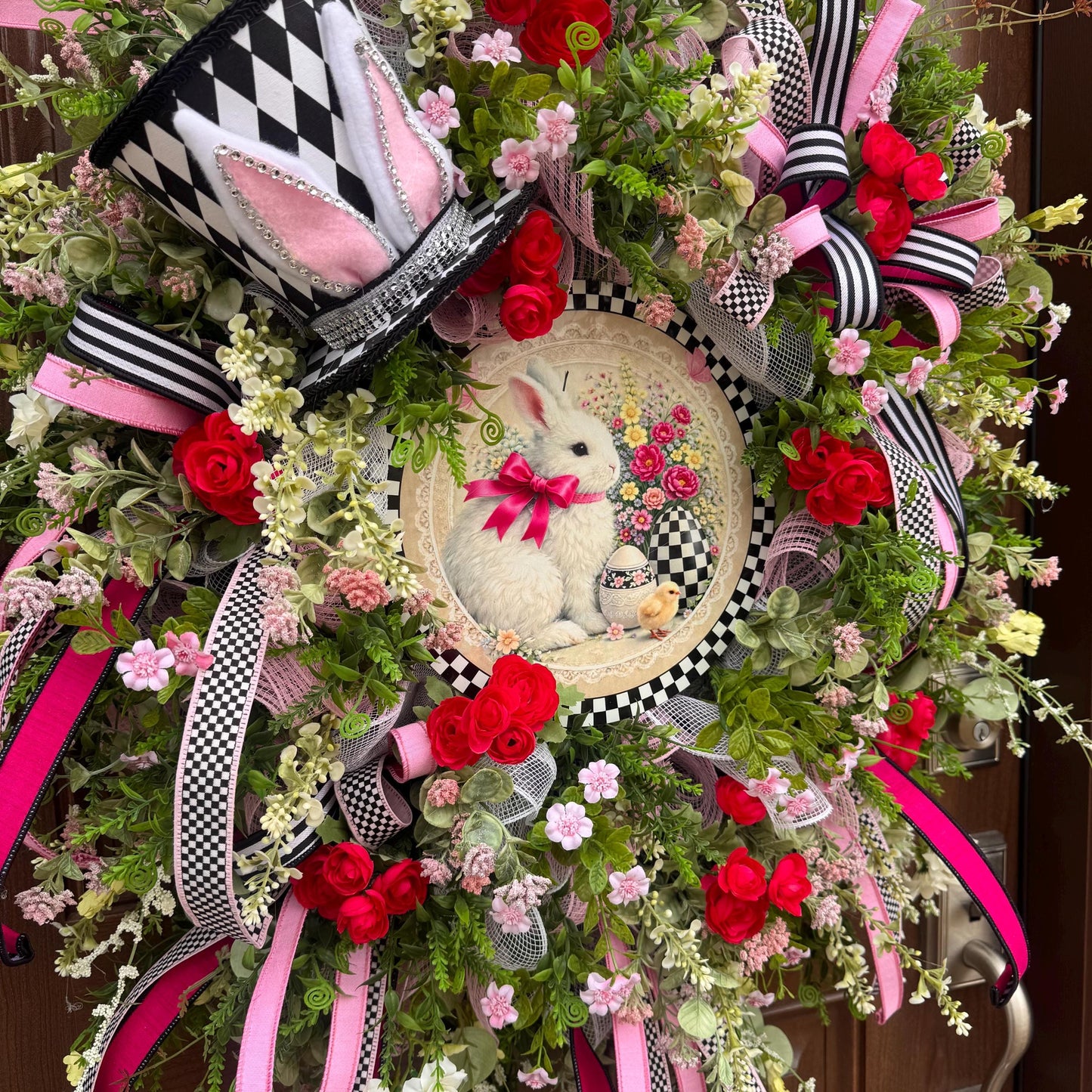 Whimsical Easter Bunny Wreath, Pink & Black Designer Spring Front Door Decor