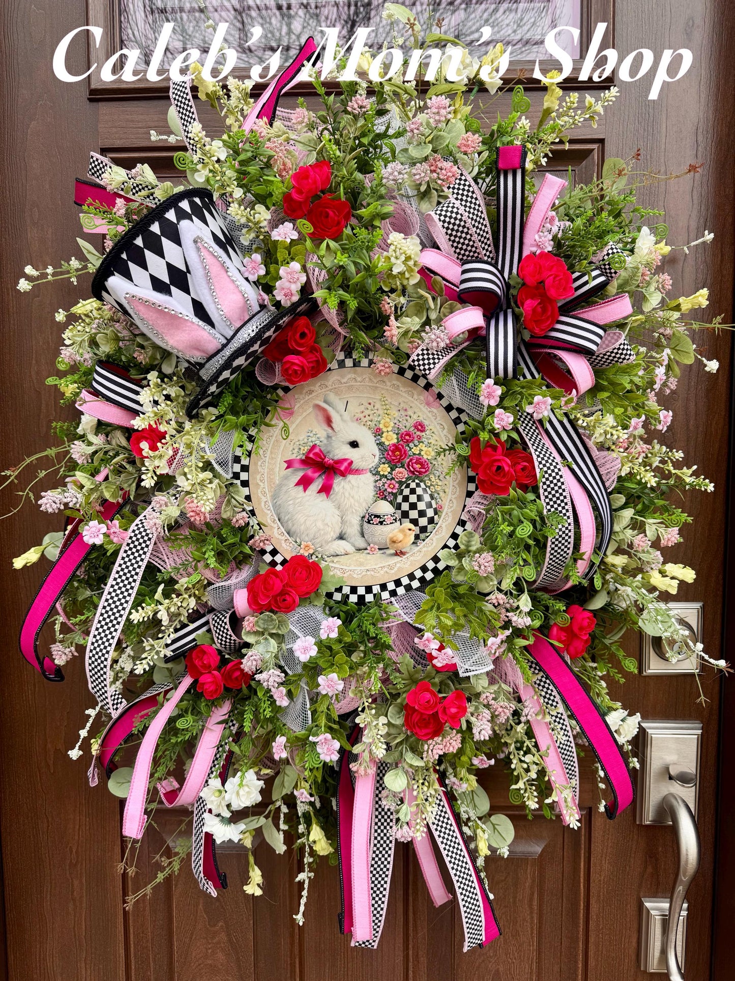 Whimsical Easter Bunny Wreath, Pink & Black Designer Spring Front Door Decor
