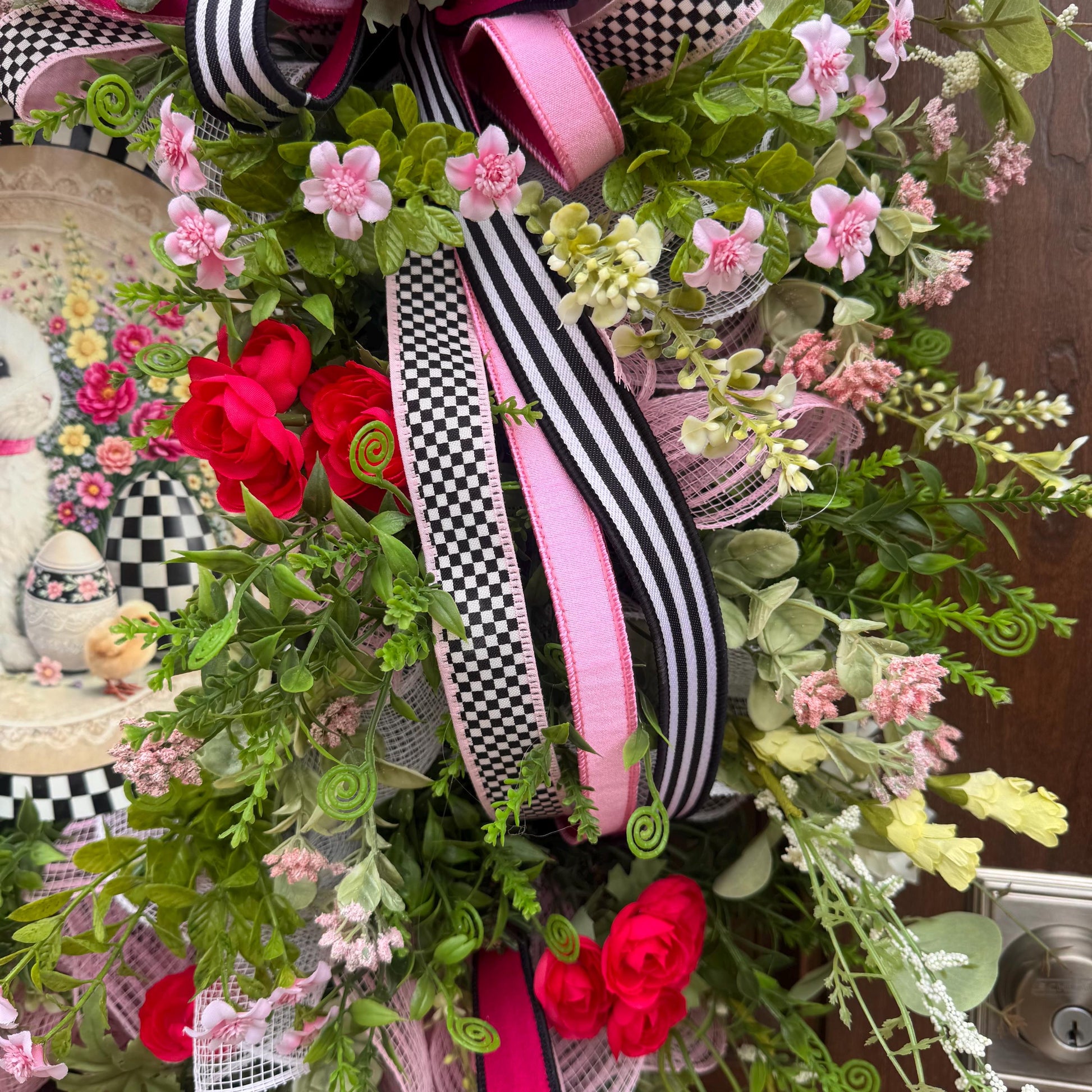 Whimsical Easter Bunny Wreath, Pink & Black Designer Spring Front Door Decor