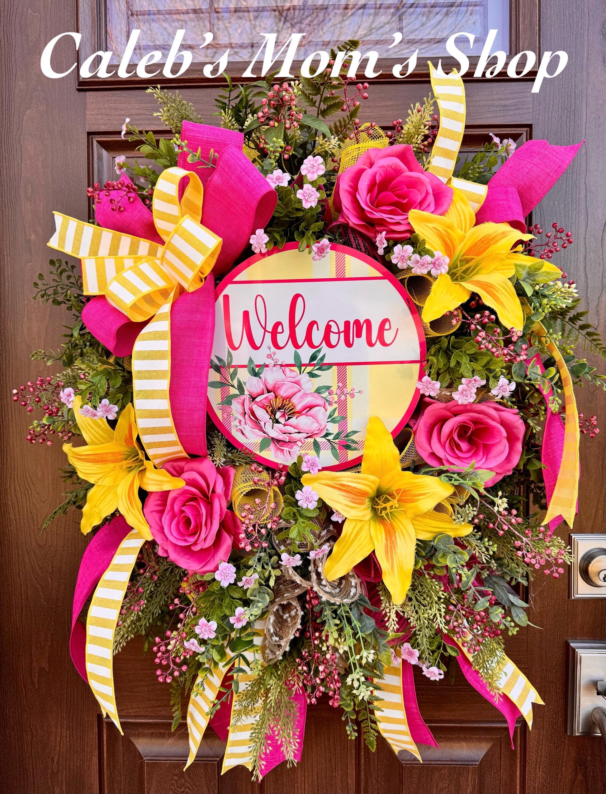 Pink and Yellow Spring Wreath, Floral Front Door Decor, Tropical Summer Door Hanger
