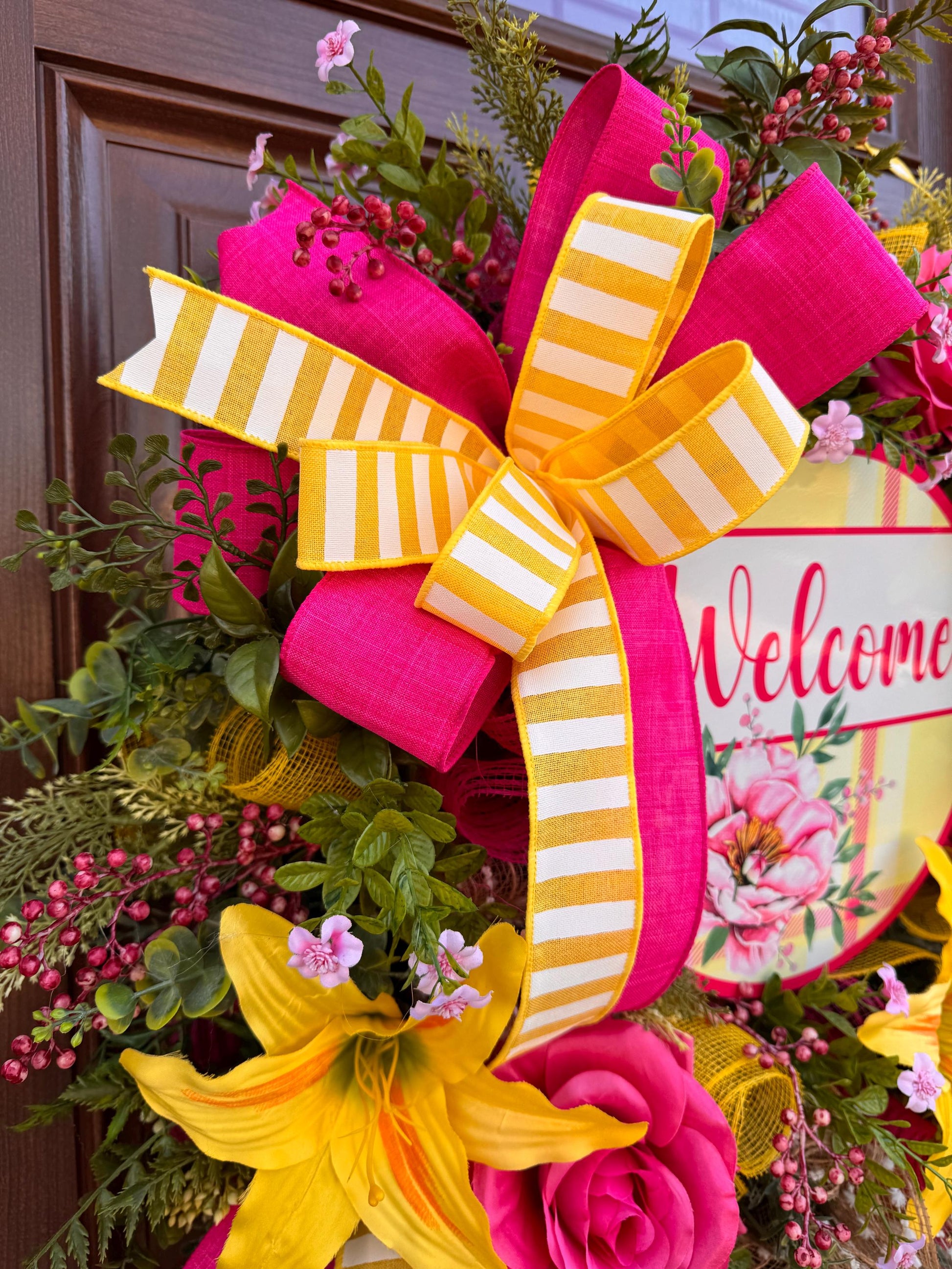 Pink and Yellow Spring Wreath, Floral Front Door Decor, Tropical Summer Door Hanger