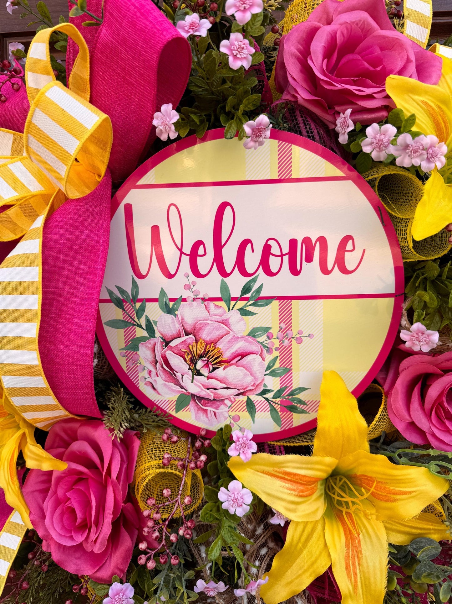 Pink and Yellow Spring Wreath, Floral Front Door Decor, Tropical Summer Door Hanger