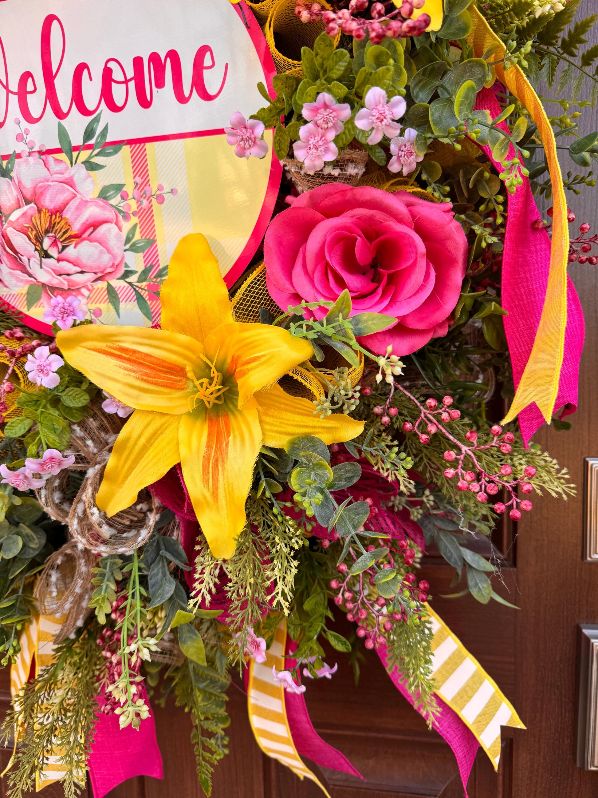 Pink and Yellow Spring Wreath, Floral Front Door Decor, Tropical Summer Door Hanger