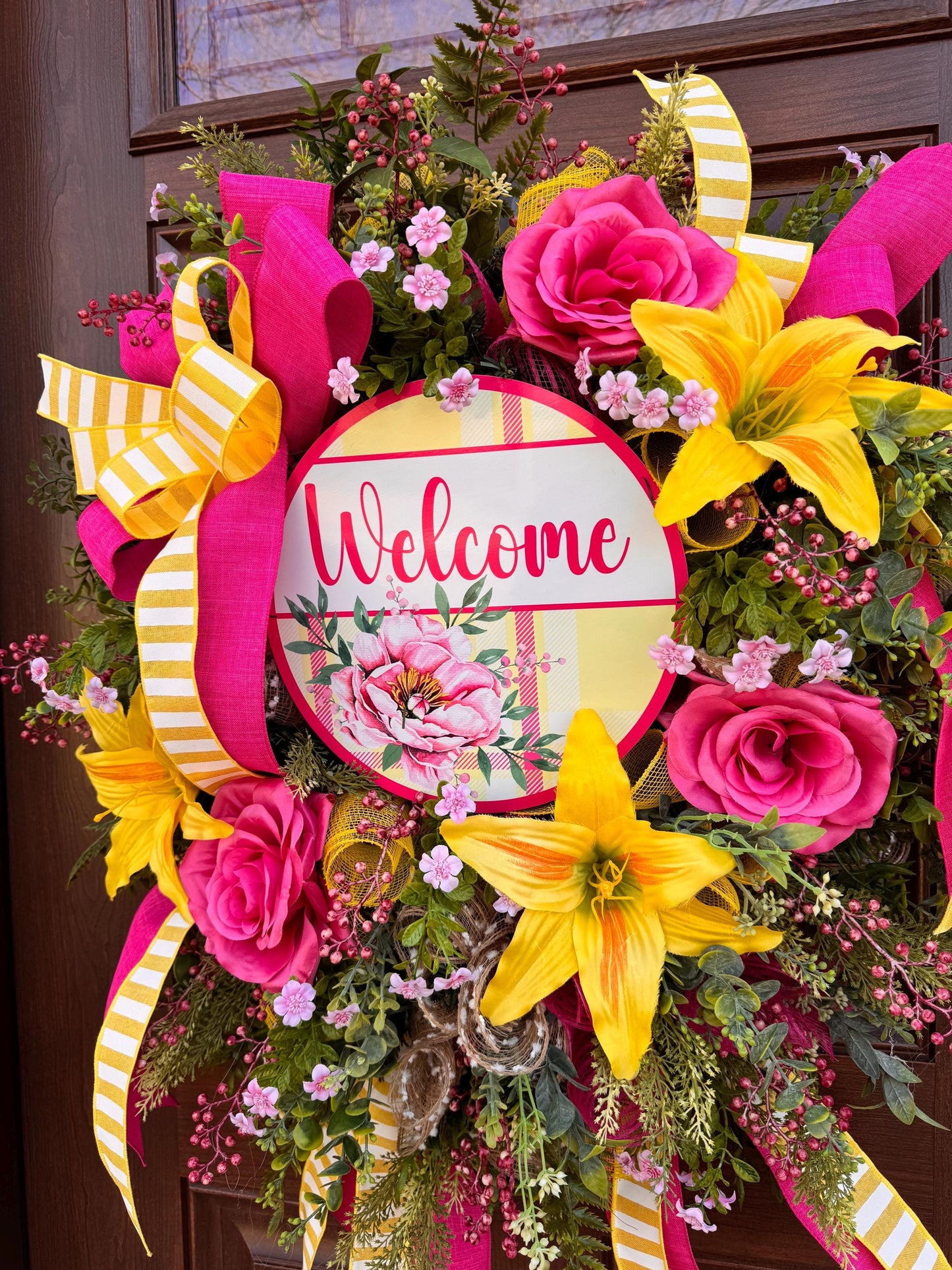 Pink and Yellow Spring Wreath, Floral Front Door Decor, Tropical Summer Door Hanger