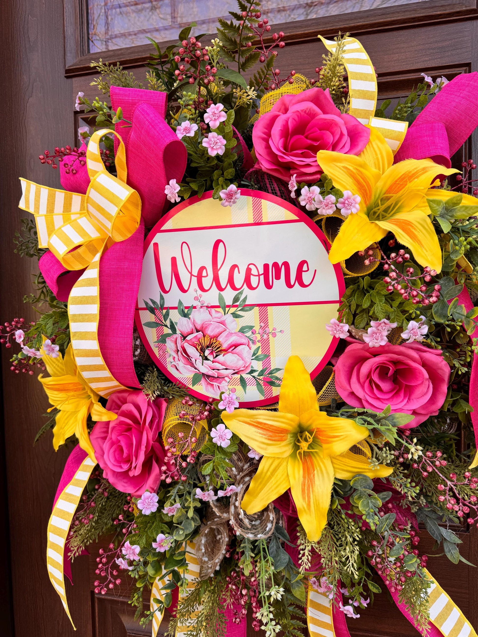 Pink and Yellow Spring Wreath, Floral Front Door Decor, Tropical Summer Door Hanger