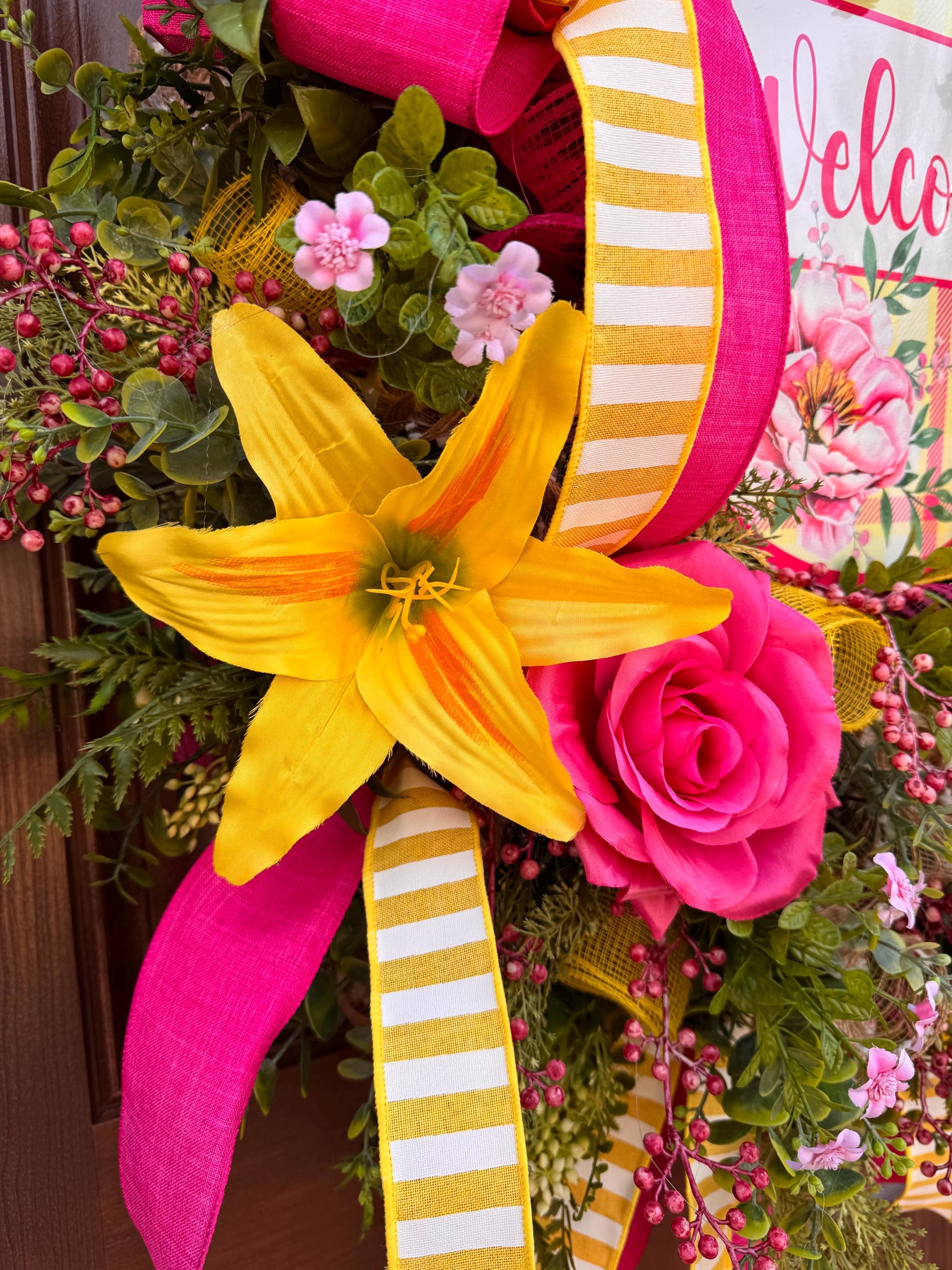 Pink and Yellow Spring Wreath, Floral Front Door Decor, Tropical Summer Door Hanger