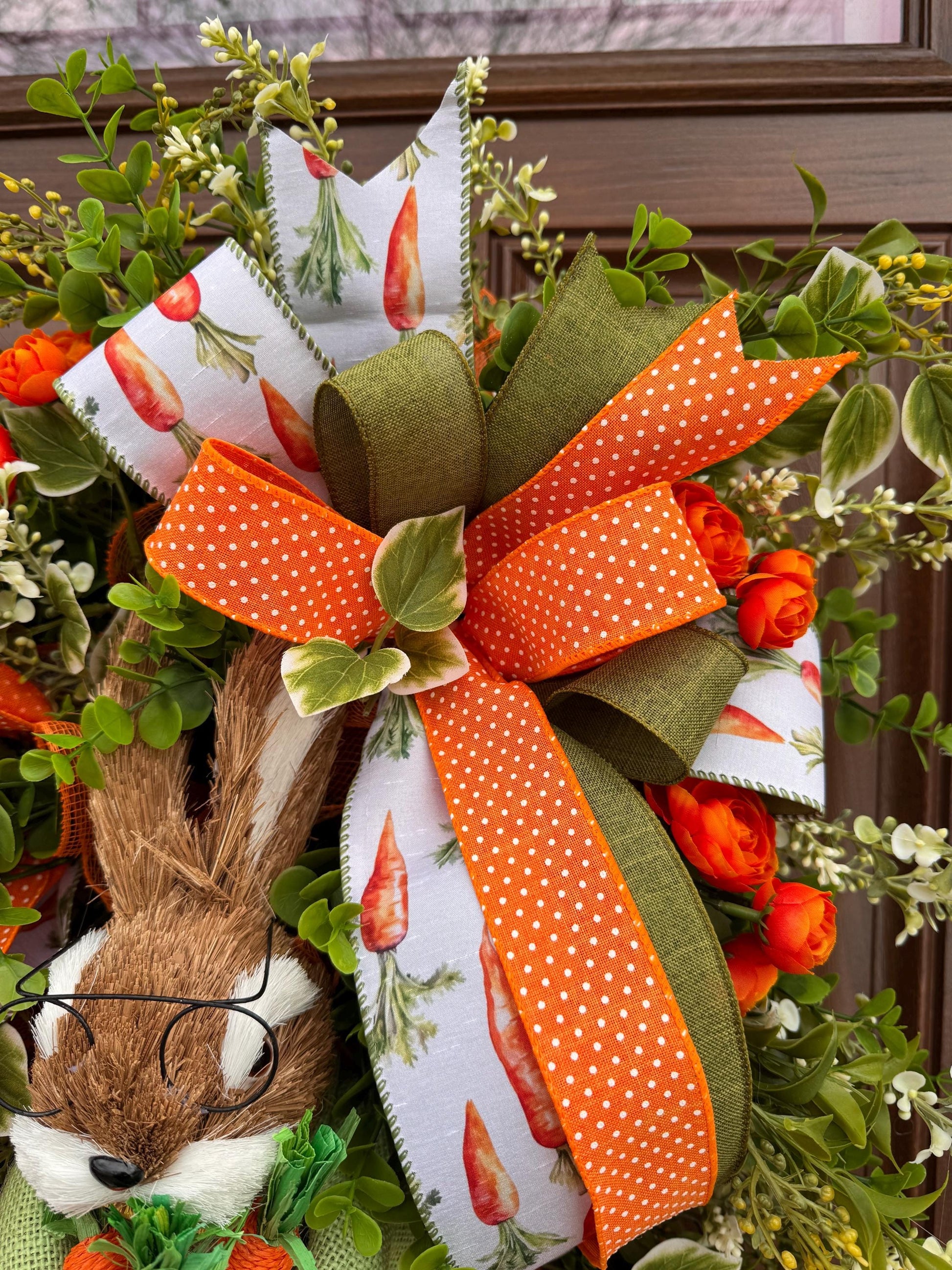 Whimsical Bunny Carrot Spring Wreath, Easter Front Door Decor, Handmade Spring Wreath with Bunny, Greenery & Carrot Ribbon