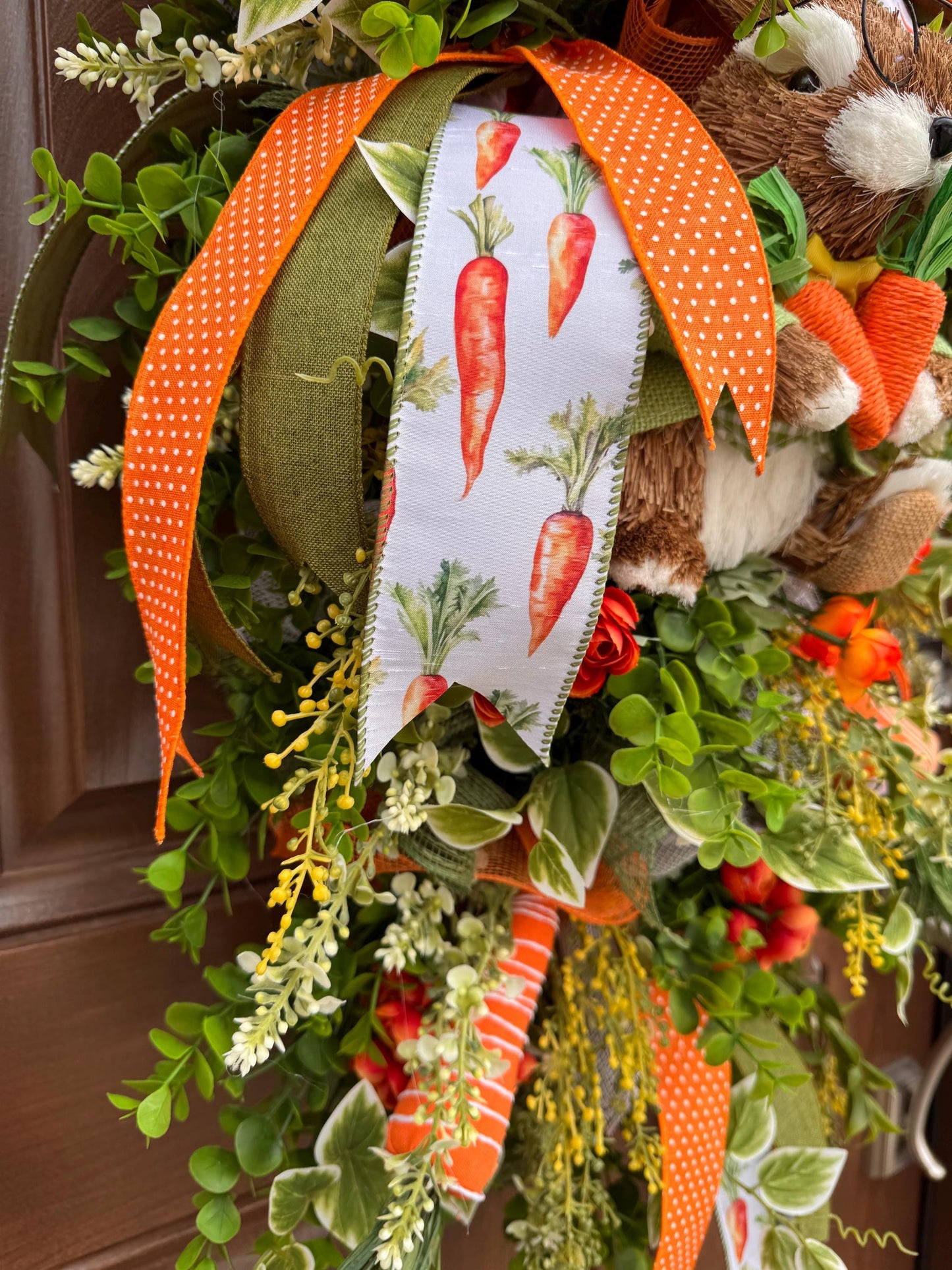 Whimsical Bunny Carrot Spring Wreath, Easter Front Door Decor, Handmade Spring Wreath with Bunny, Greenery & Carrot Ribbon
