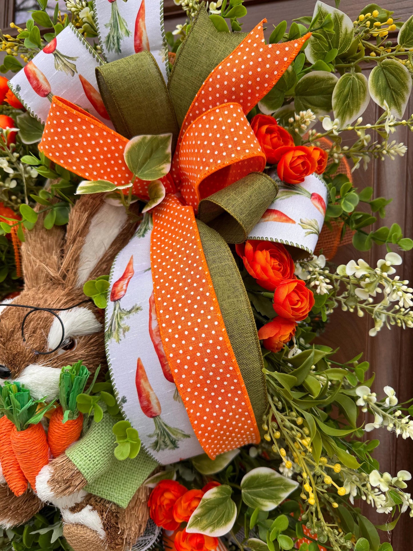 Whimsical Bunny Carrot Spring Wreath, Easter Front Door Decor, Handmade Spring Wreath with Bunny, Greenery & Carrot Ribbon
