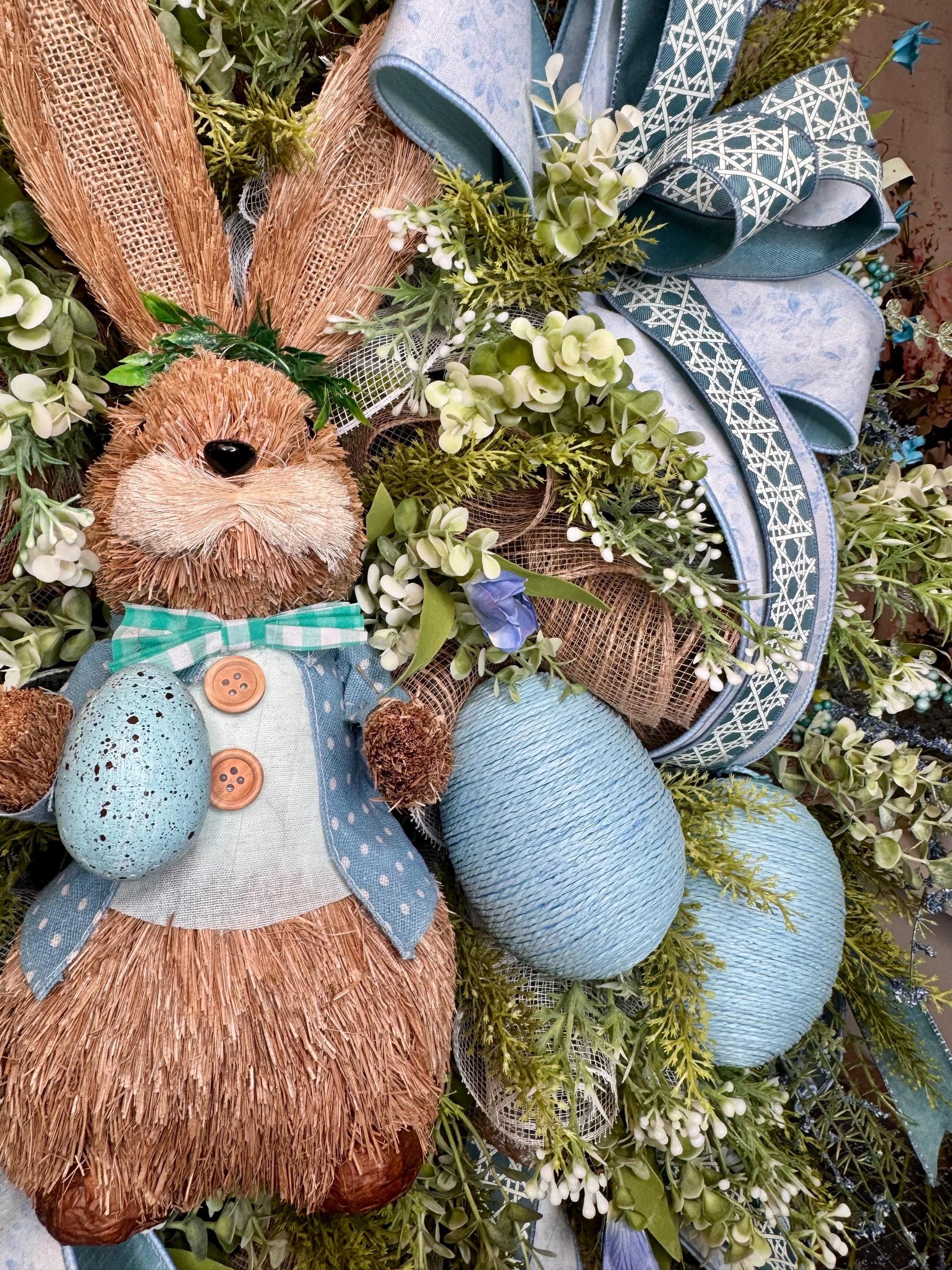 Blue Easter Bunny Wreath, Spring Floral Home Decor for Outdoor Porch or Indoor Office Wall Hanging