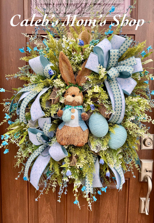 Blue Easter Bunny Wreath, Spring Floral Home Decor for Outdoor Porch or Indoor Office Wall Hanging