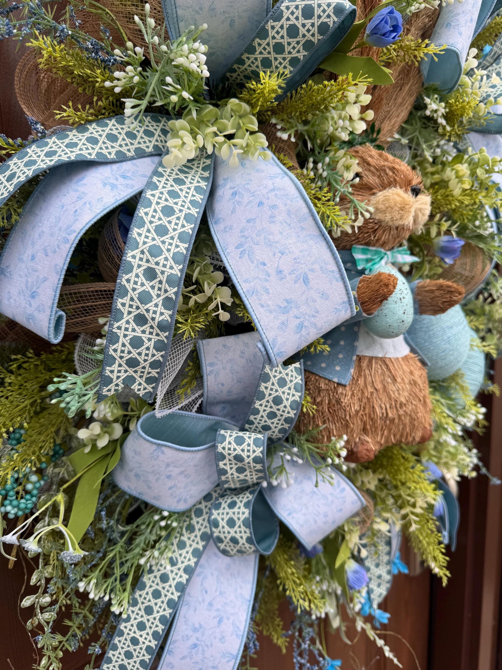 Blue Easter Bunny Wreath, Spring Floral Home Decor for Outdoor Porch or Indoor Office Wall Hanging