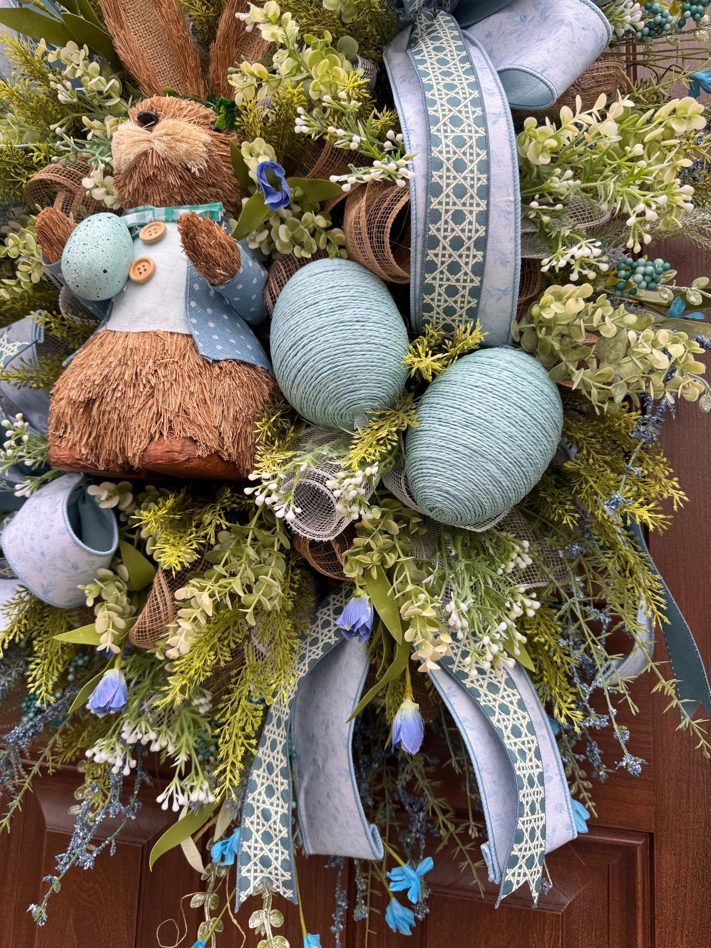 Blue Easter Bunny Wreath, Spring Floral Home Decor for Outdoor Porch or Indoor Office Wall Hanging
