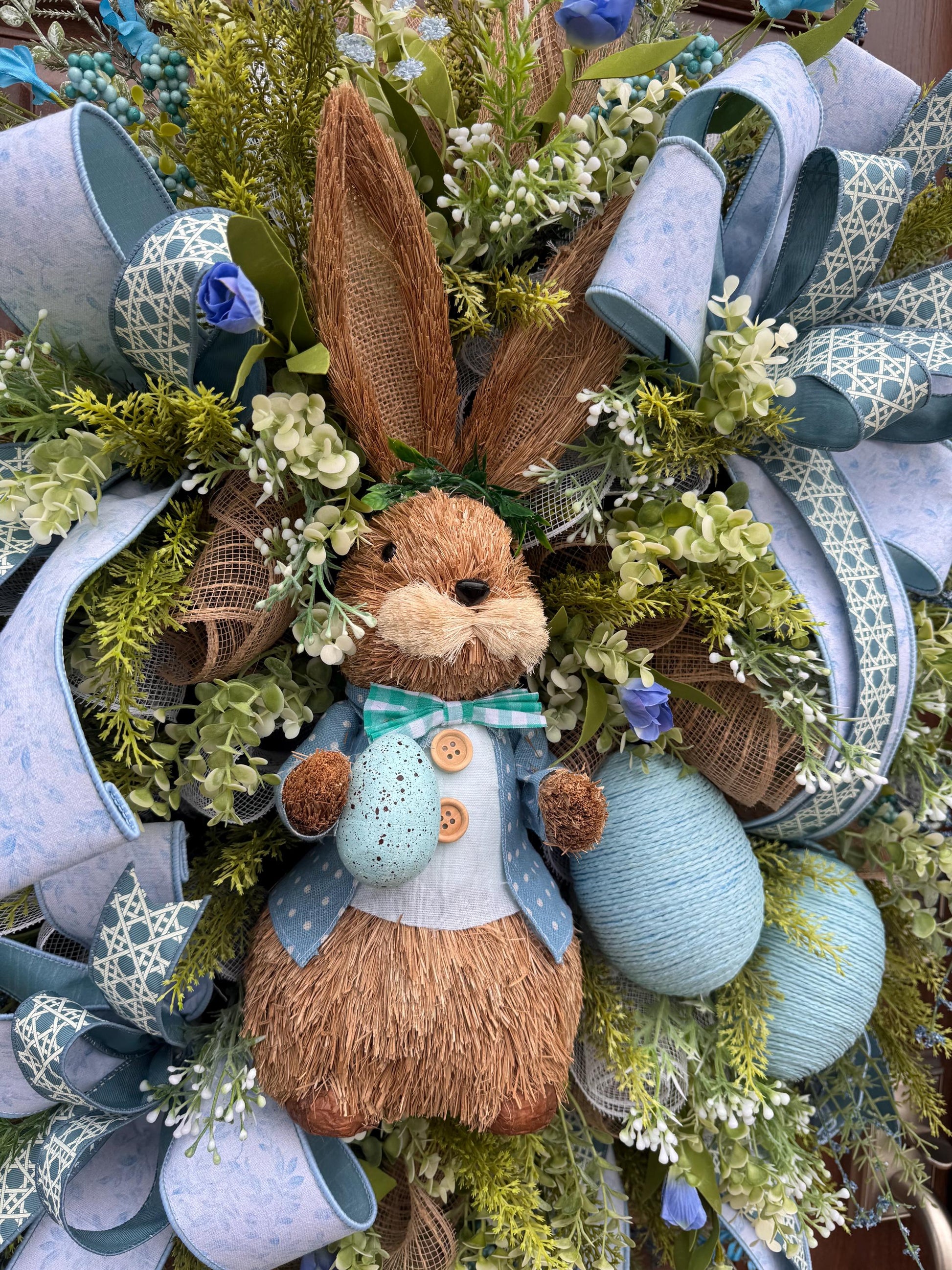 Blue Easter Bunny Wreath, Spring Floral Home Decor for Outdoor Porch or Indoor Office Wall Hanging
