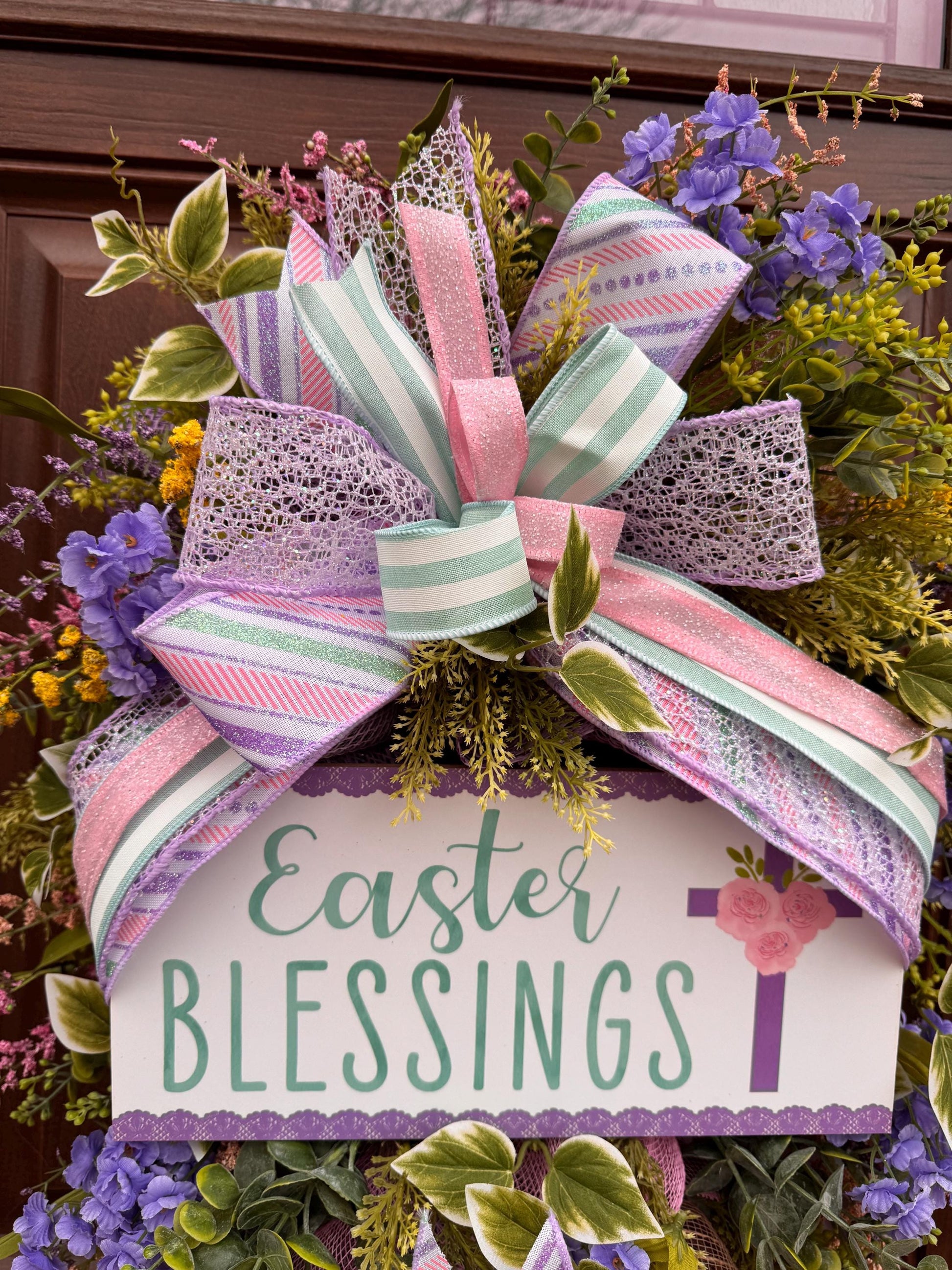 Religious Purple and Pink Easter Wreath for Front Door