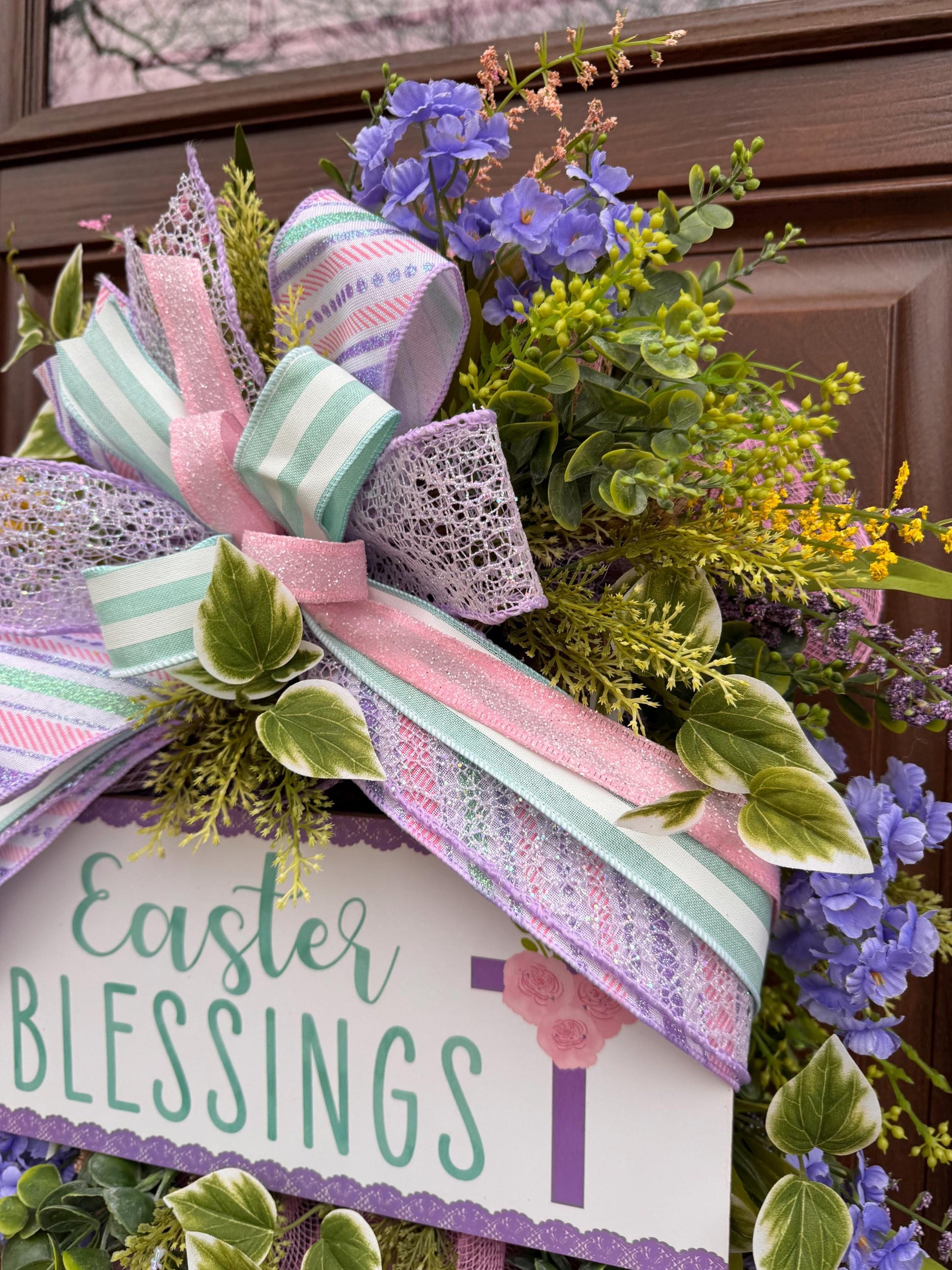 Religious Purple and Pink Easter Wreath for Front Door