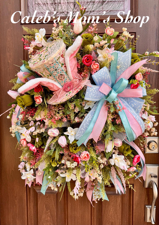 Easter Bunny Hat Wreath, Pastel Spring Front Door Wreath, Pink and Blue Floral Easter Decor, Whimsical Bunny Door Hanger