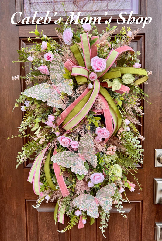Pink and Green Butterfly Wreath, Spring Floral Swag, Romantic Rose Door Hanger, Garden Inspired Spring Home Decor